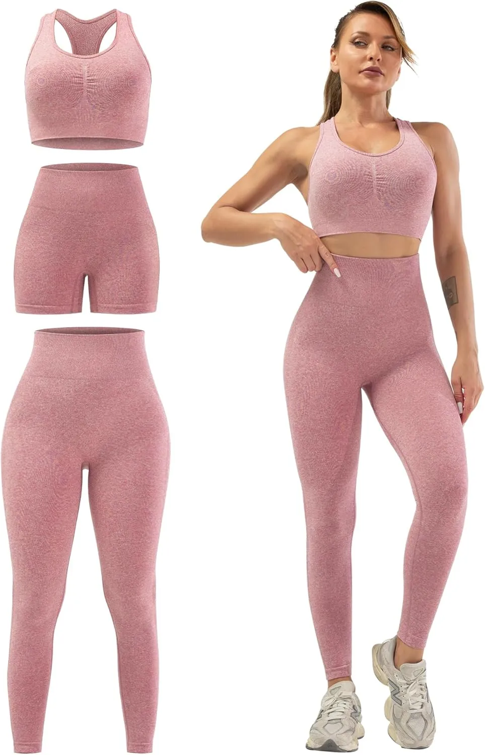 3 Piece Workout Sets for Women Butt Lifting Leggings with High Impact Sports Bra Gym Shorts