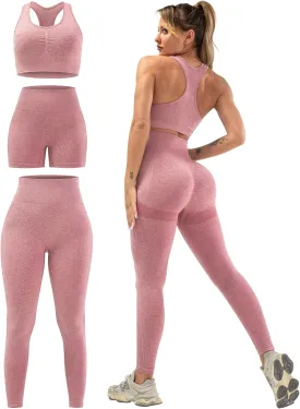 3 Piece Workout Sets for Women Butt Lifting Leggings with High Impact Sports Bra Gym Shorts