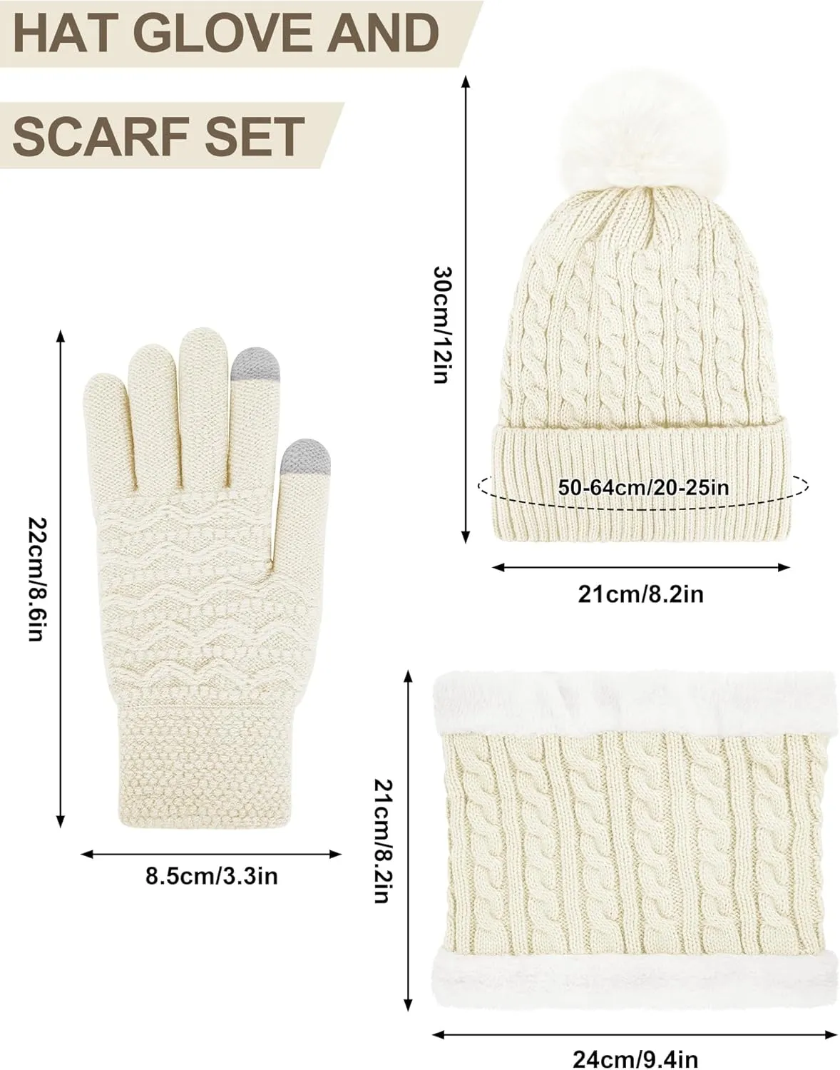 3Pcs Winter Beanie Hat Scarf Gloves Set for Women Thick Warm Knit Fleece Lined Skull Cap Neck Warmer Touch Screen Gloves