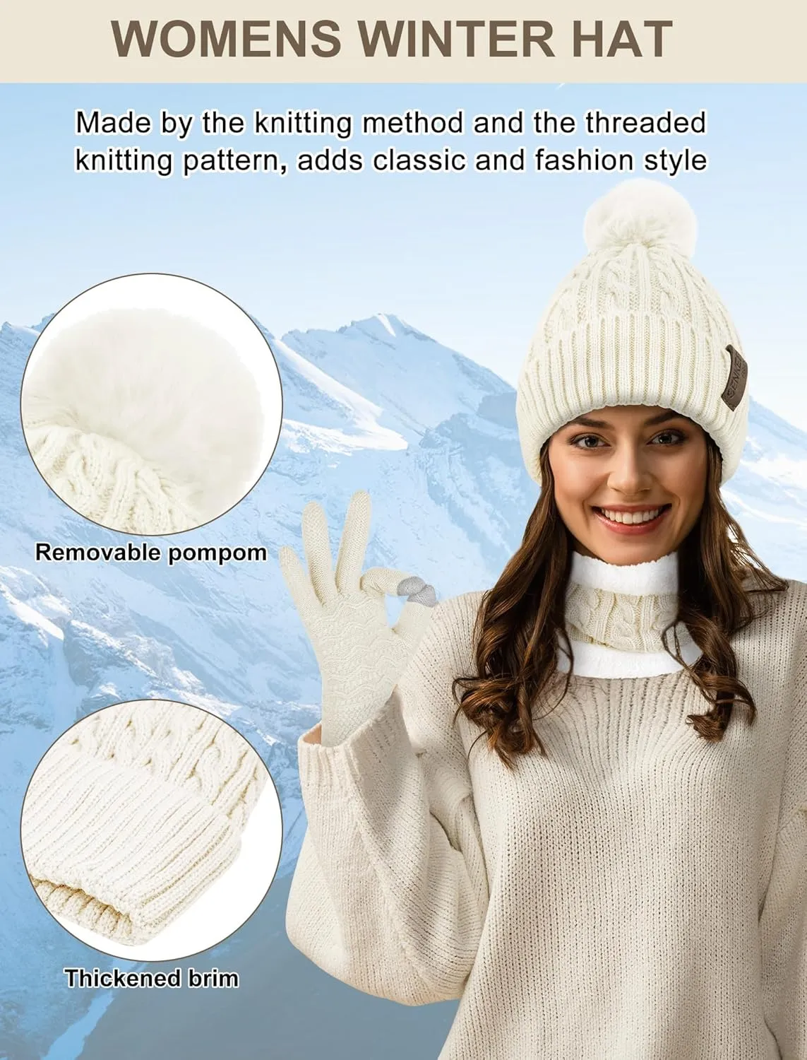 3Pcs Winter Beanie Hat Scarf Gloves Set for Women Thick Warm Knit Fleece Lined Skull Cap Neck Warmer Touch Screen Gloves