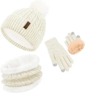 3Pcs Winter Beanie Hat Scarf Gloves Set for Women Thick Warm Knit Fleece Lined Skull Cap Neck Warmer Touch Screen Gloves