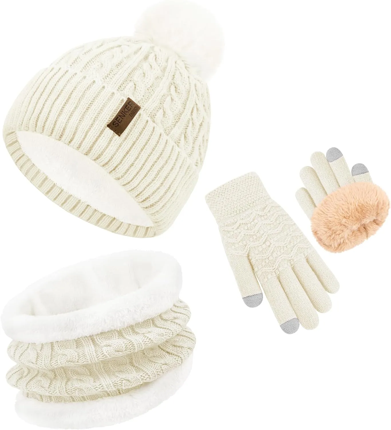 3Pcs Winter Beanie Hat Scarf Gloves Set for Women Thick Warm Knit Fleece Lined Skull Cap Neck Warmer Touch Screen Gloves