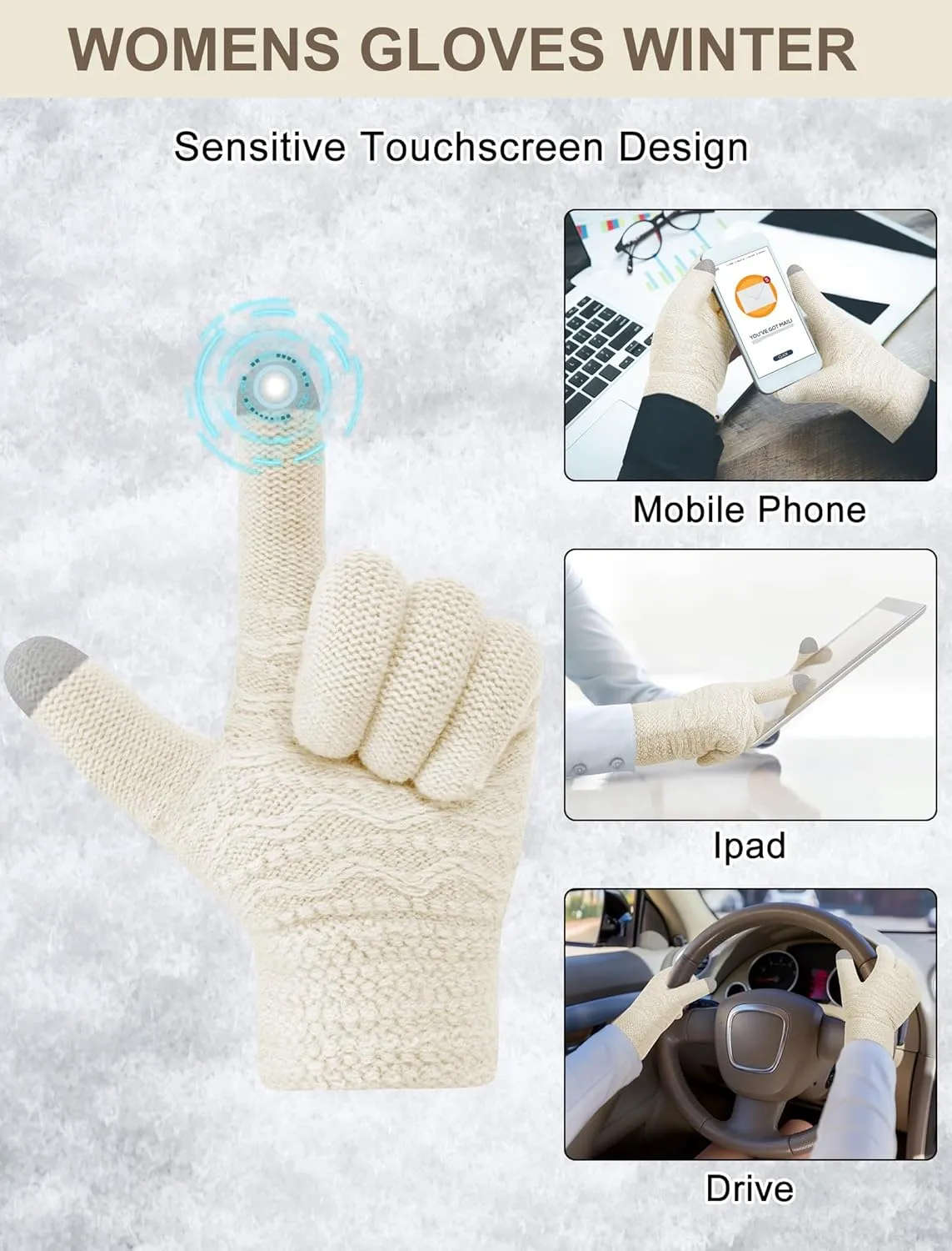 3Pcs Winter Beanie Hat Scarf Gloves Set for Women Thick Warm Knit Fleece Lined Skull Cap Neck Warmer Touch Screen Gloves