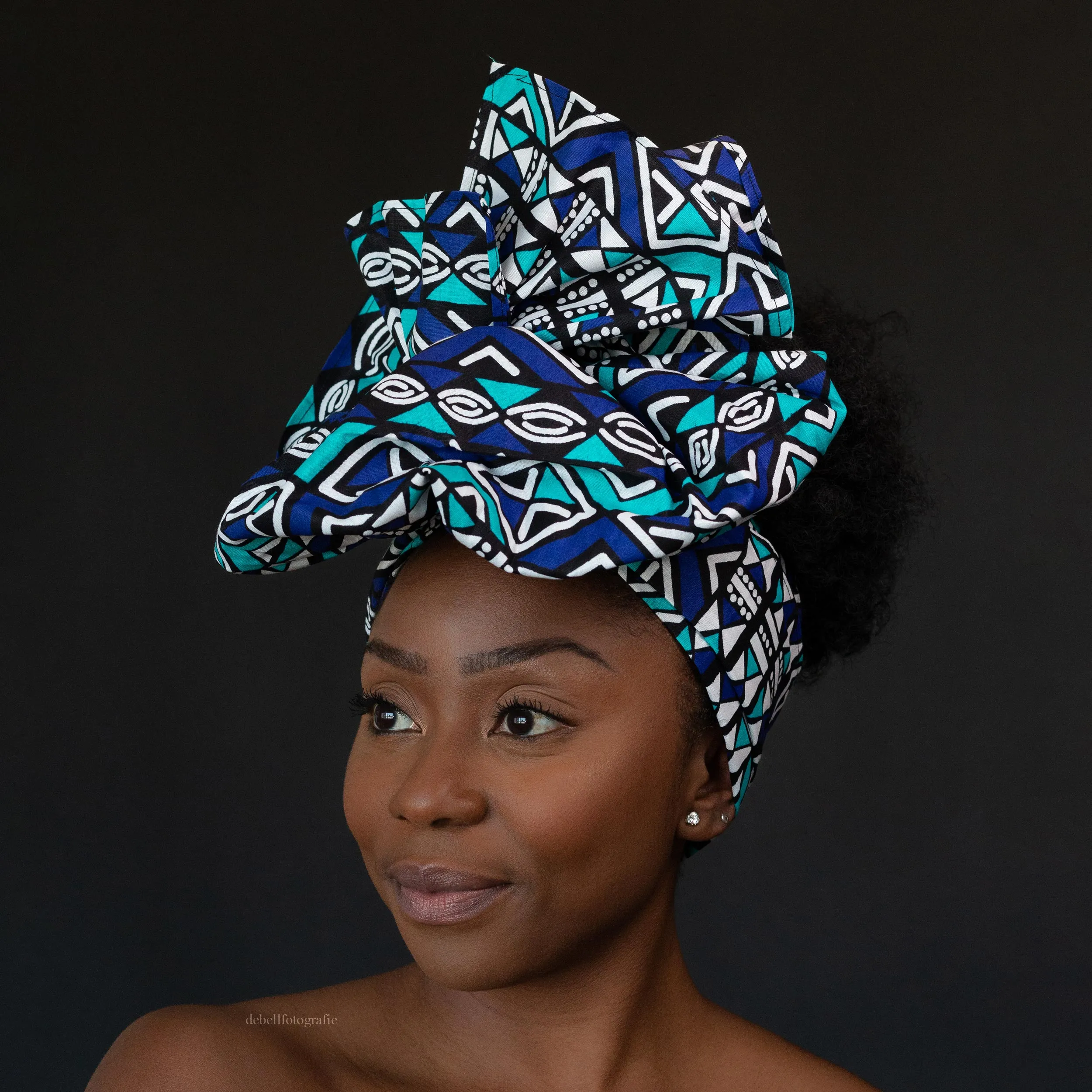 African Blue / white bogolan / mud cloth headwrap