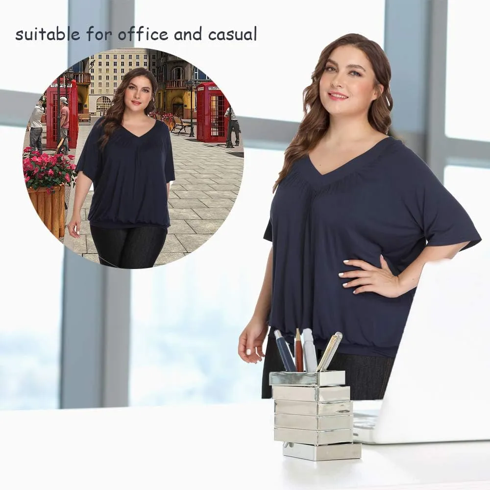 andy & natalie Women's Plus Size Tops Pleated V Neck Loose Baggy Blouse T Shirts