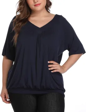 andy & natalie Women's Plus Size Tops Pleated V Neck Loose Baggy Blouse T Shirts