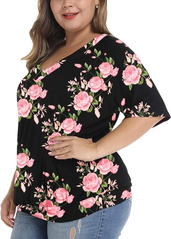 andy & natalie Women's Plus Size Tops Pleated V Neck Loose Baggy Blouse T Shirts