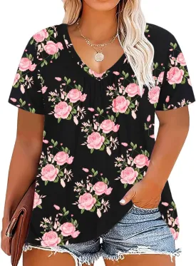 andy & natalie Women's Plus Size Tops Pleated V Neck Loose Baggy Blouse T Shirts