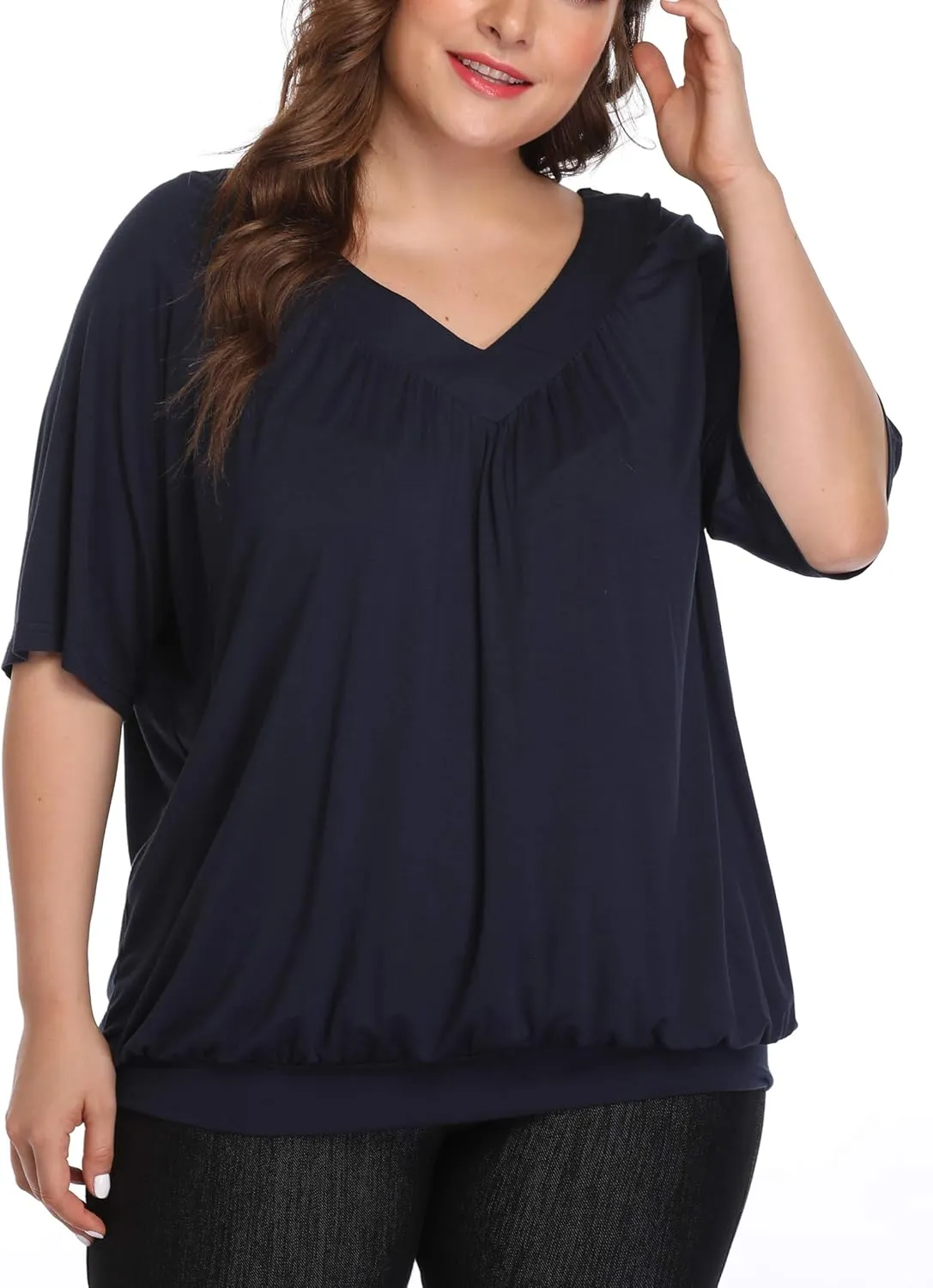 andy & natalie Women's Plus Size Tops Pleated V Neck Loose Baggy Blouse T Shirts
