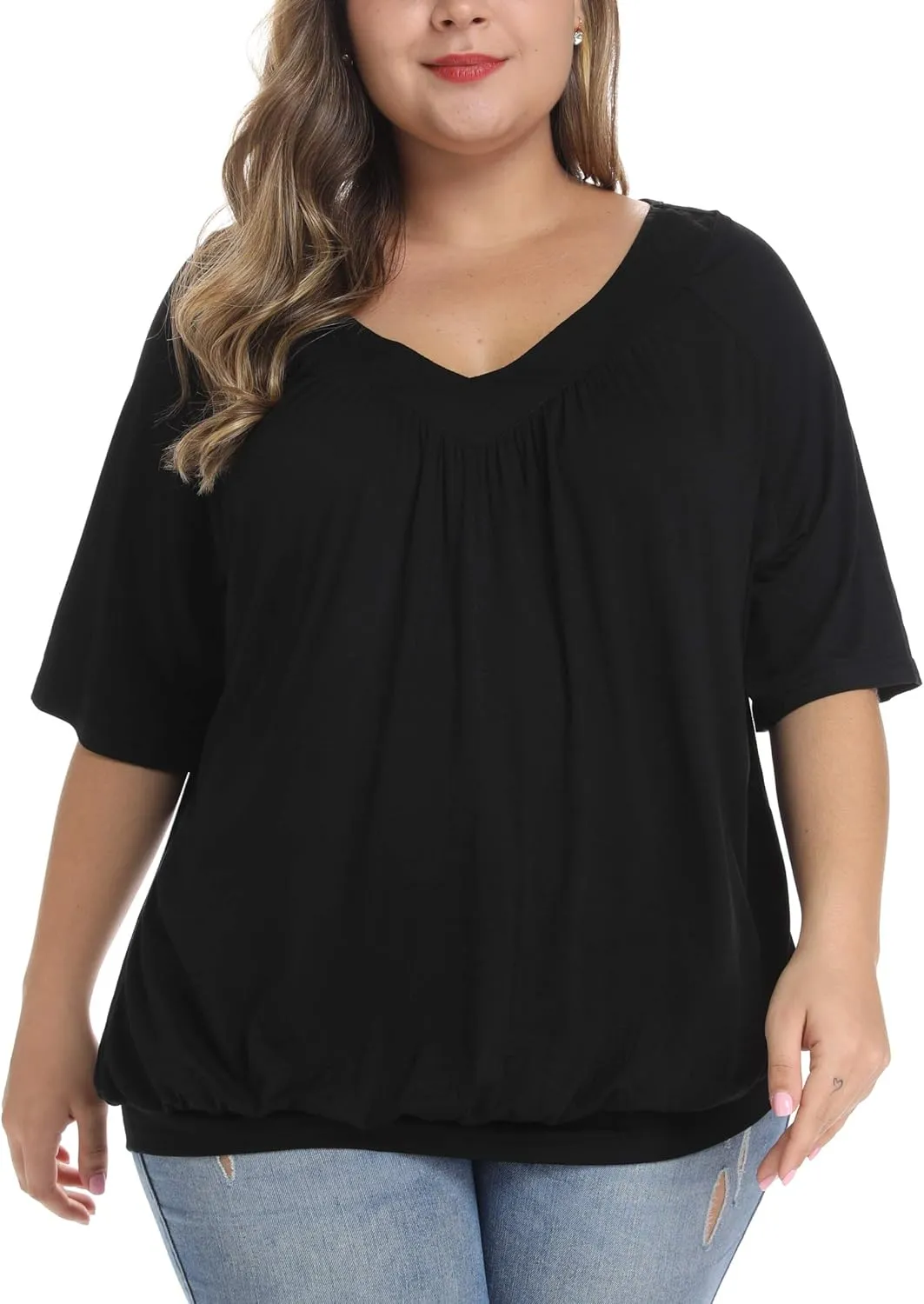 andy & natalie Women's Plus Size Tops Pleated V Neck Loose Baggy Blouse T Shirts