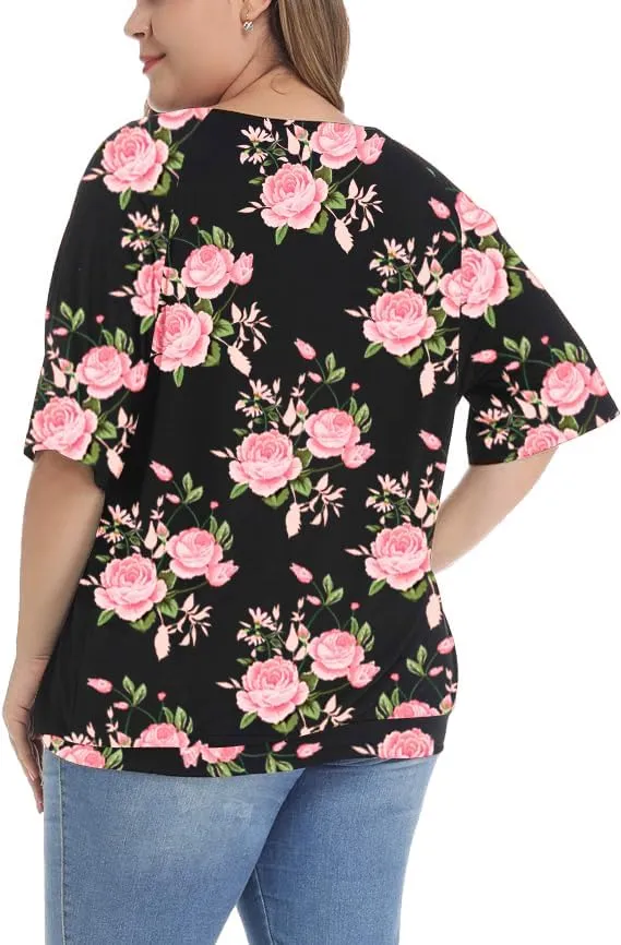 andy & natalie Women's Plus Size Tops Pleated V Neck Loose Baggy Blouse T Shirts