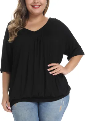 andy & natalie Women's Plus Size Tops Pleated V Neck Loose Baggy Blouse T Shirts