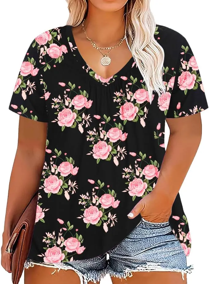 andy & natalie Women's Plus Size Tops Pleated V Neck Loose Baggy Blouse T Shirts