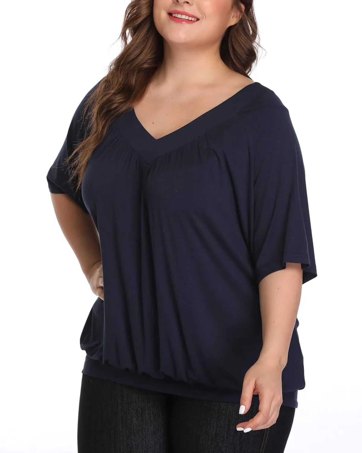 andy & natalie Women's Plus Size Tops Pleated V Neck Loose Baggy Blouse T Shirts