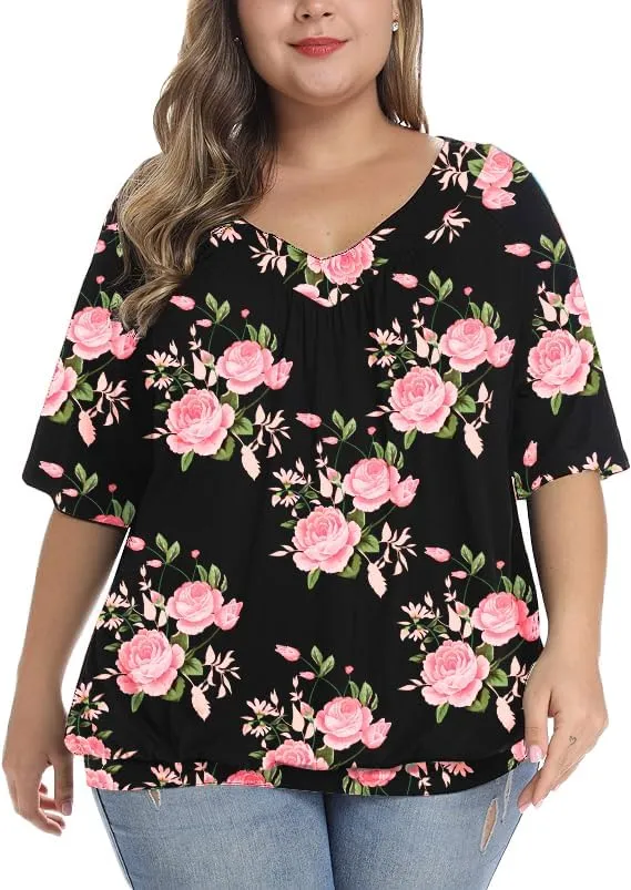 andy & natalie Women's Plus Size Tops Pleated V Neck Loose Baggy Blouse T Shirts