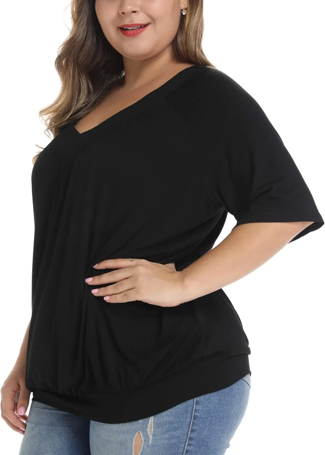 andy & natalie Women's Plus Size Tops Pleated V Neck Loose Baggy Blouse T Shirts
