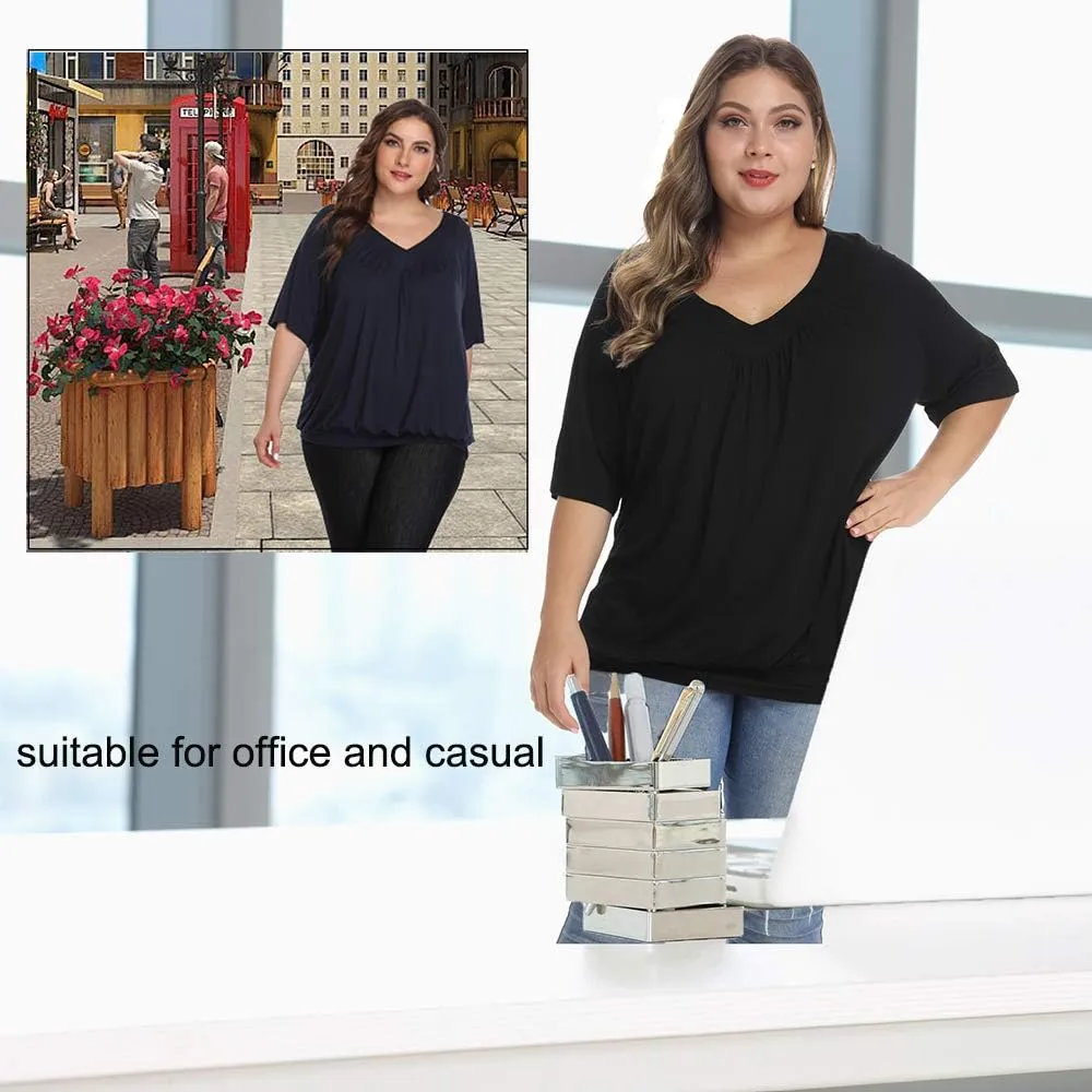 andy & natalie Women's Plus Size Tops Pleated V Neck Loose Baggy Blouse T Shirts