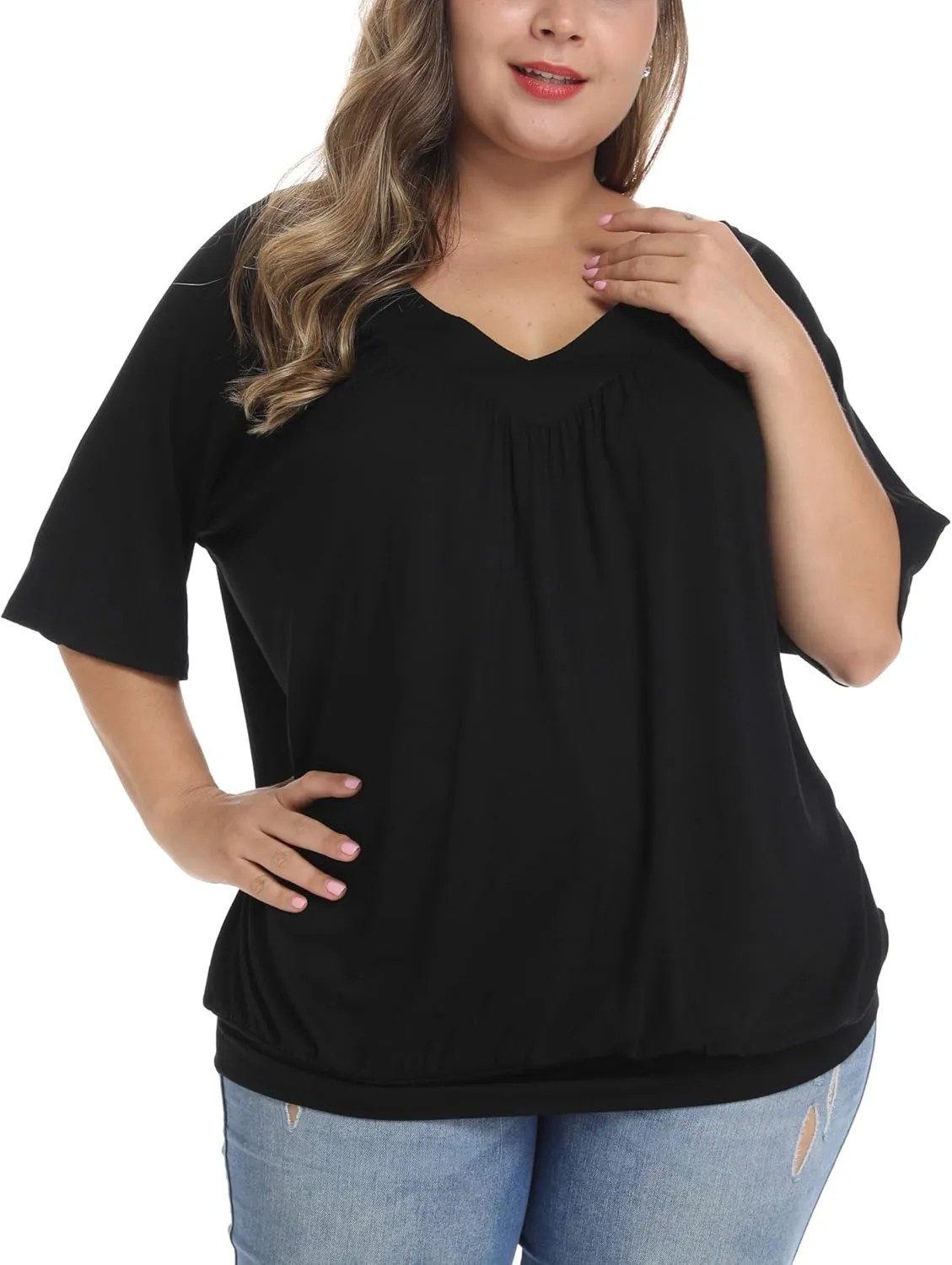 andy & natalie Women's Plus Size Tops Pleated V Neck Loose Baggy Blouse T Shirts