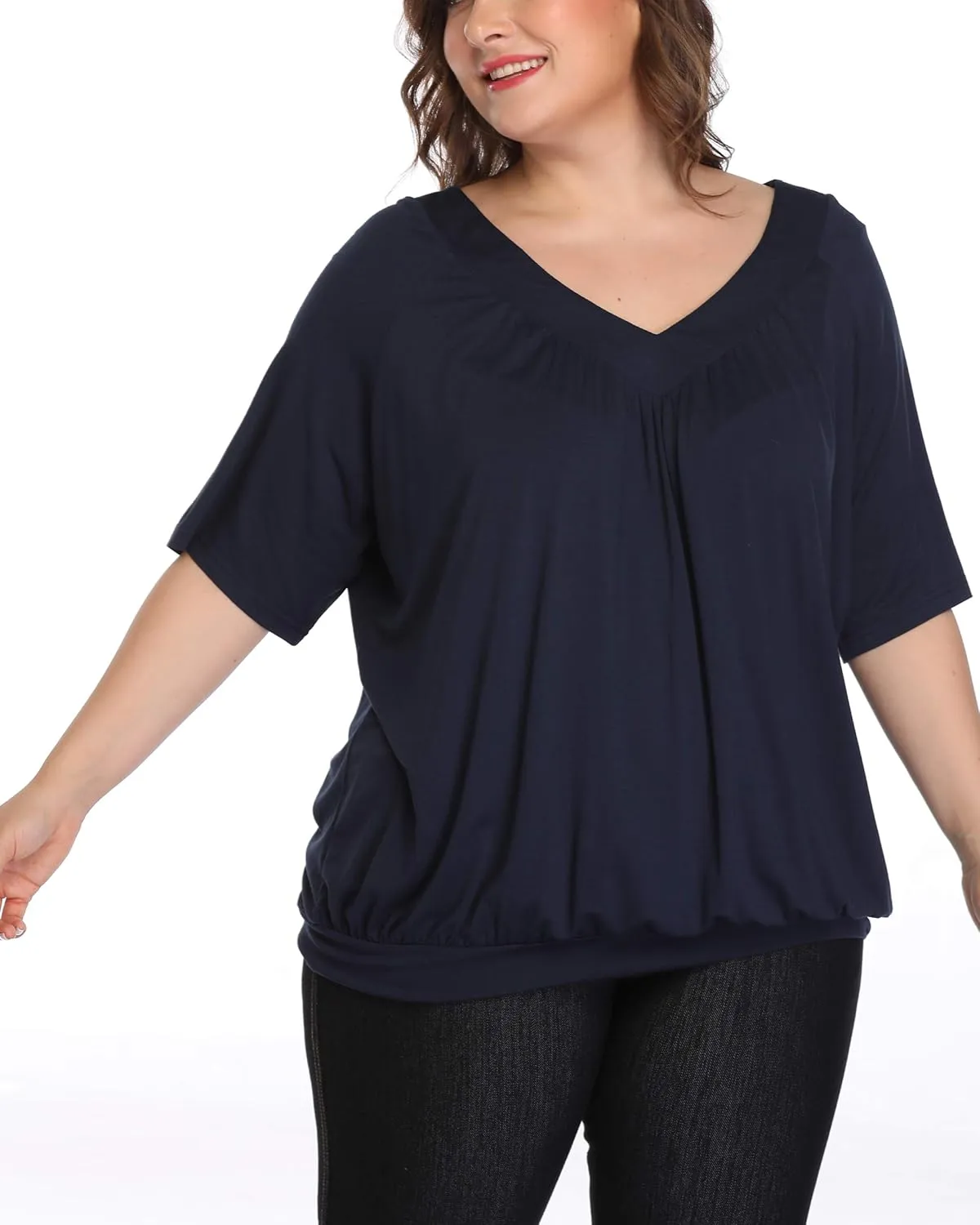 andy & natalie Women's Plus Size Tops Pleated V Neck Loose Baggy Blouse T Shirts