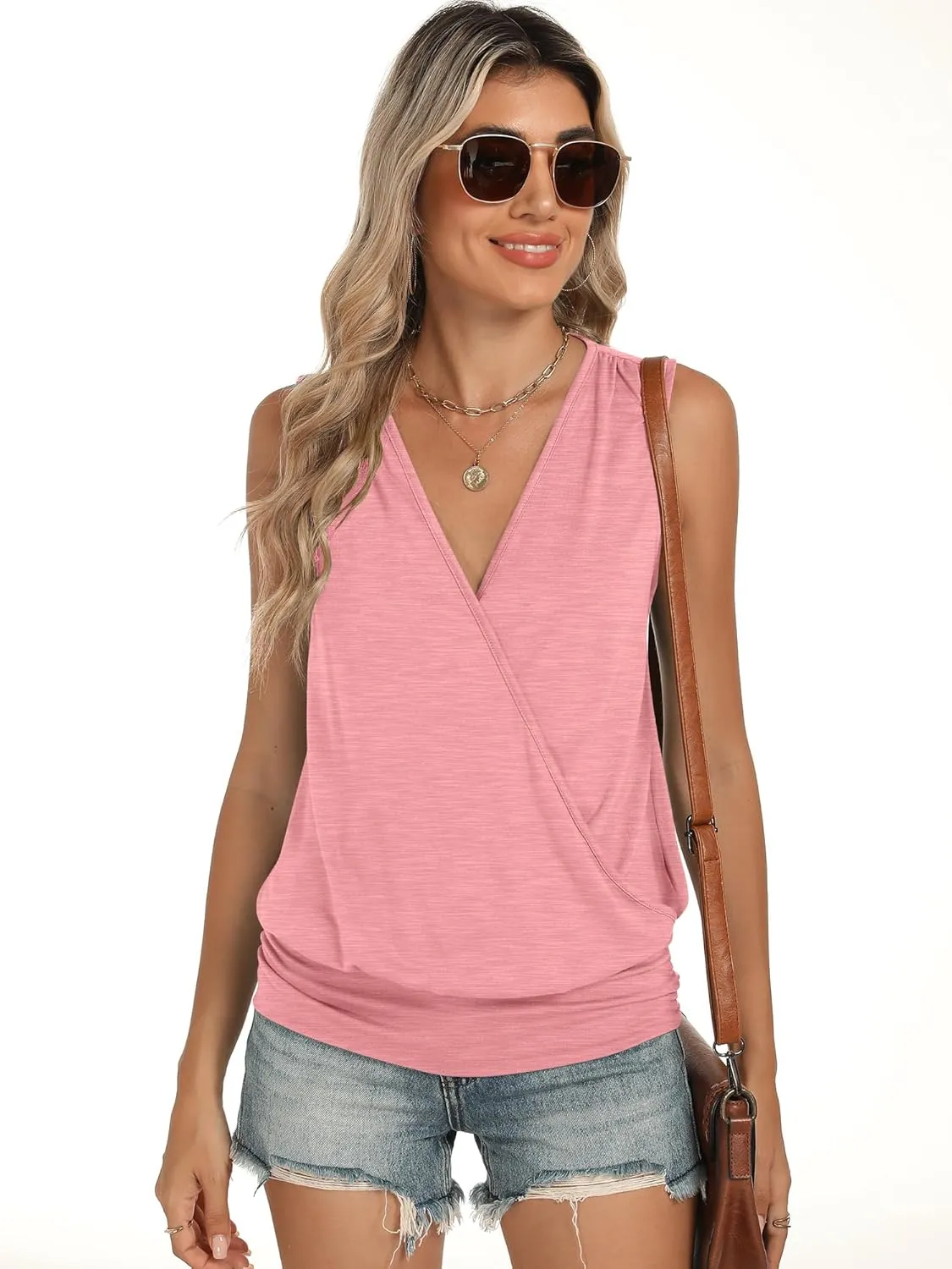 ANRABESS Womens V Neck Tank Tops Wrap Banded Hem Shirts Sleeveless Ruched Going Out Blouse 2025 Summer Fashion Clothing