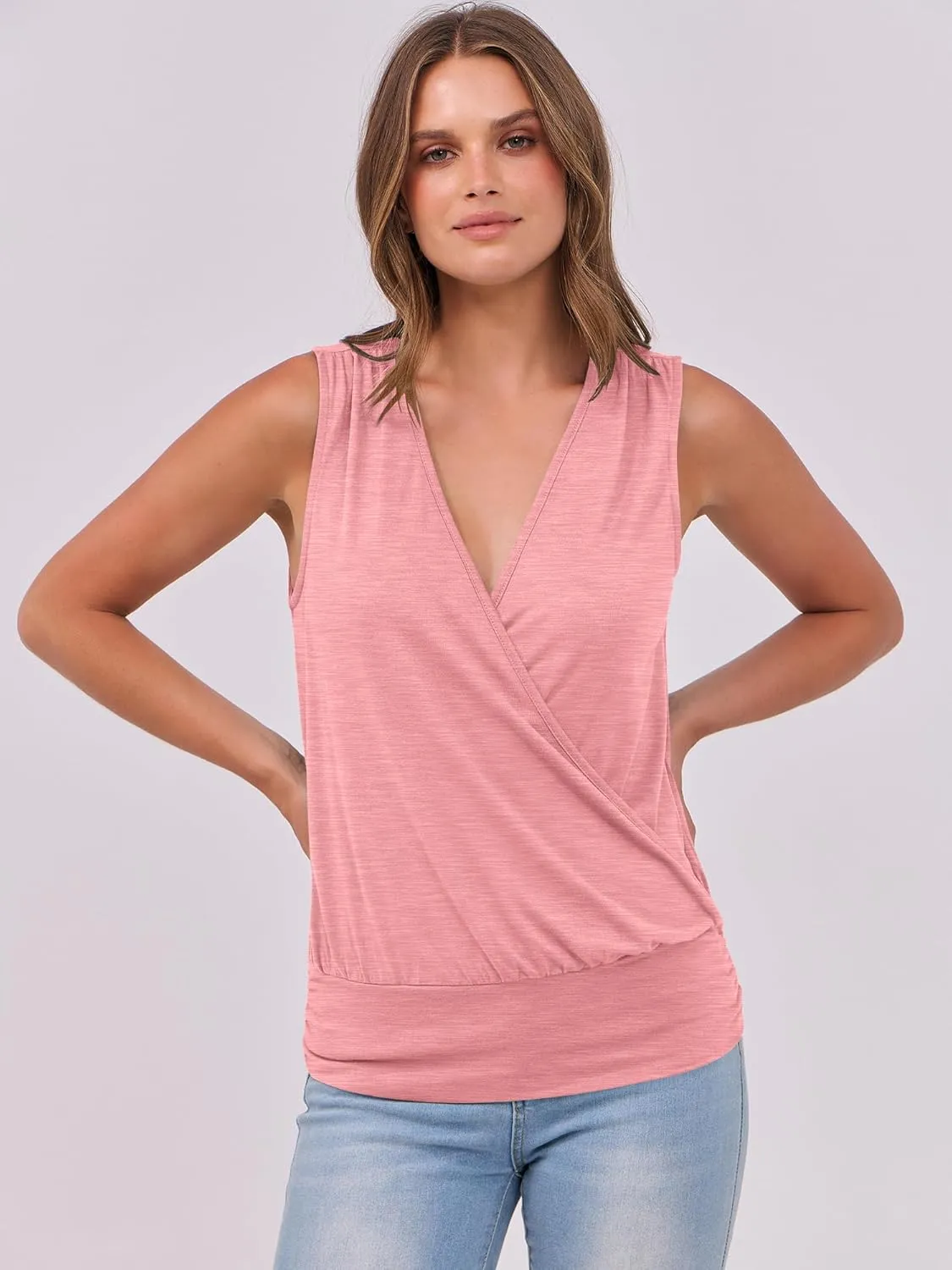 ANRABESS Womens V Neck Tank Tops Wrap Banded Hem Shirts Sleeveless Ruched Going Out Blouse 2025 Summer Fashion Clothing