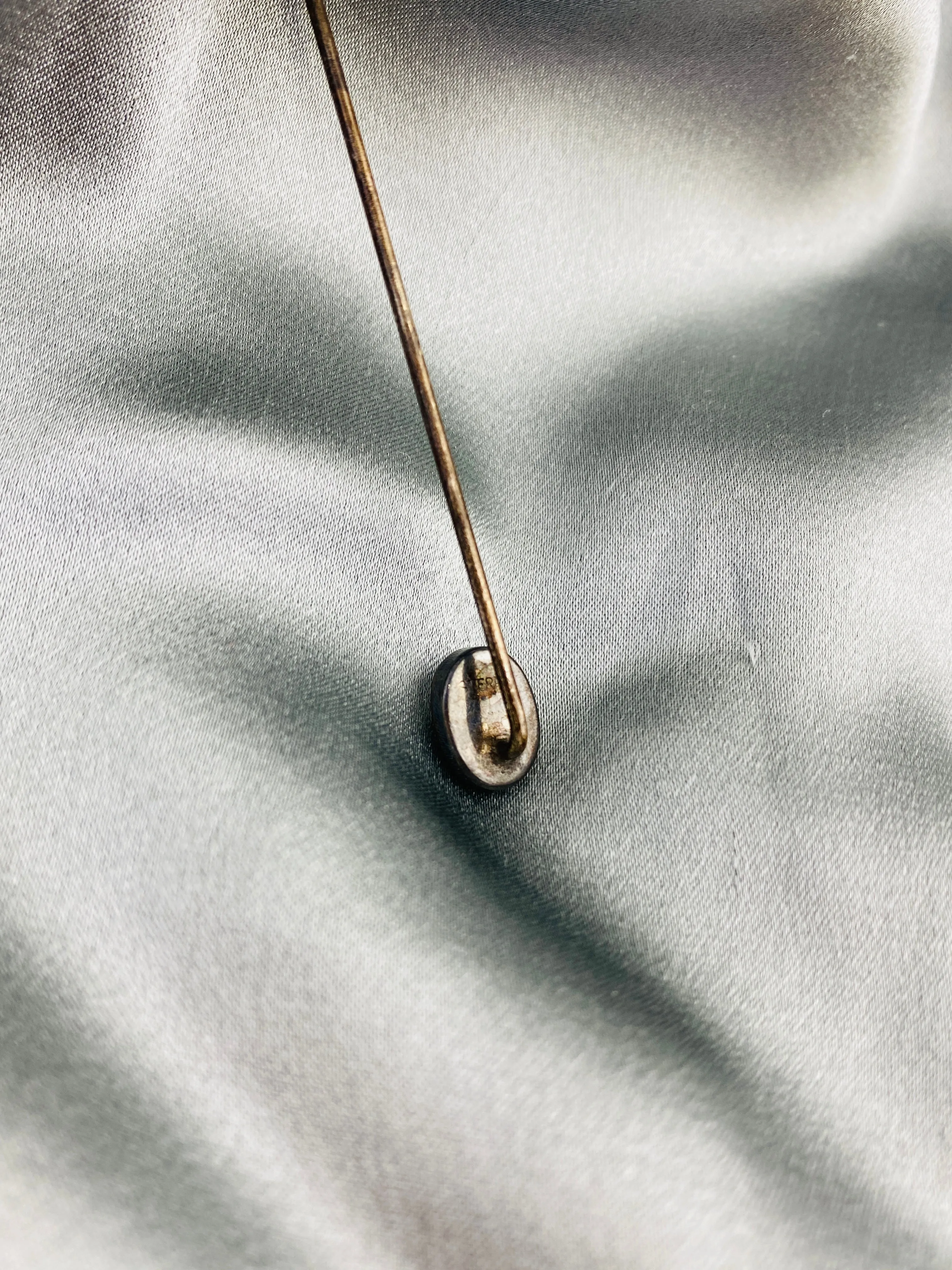 Antique 1910s Small Oval Abalone Shell Silver Stick Hat Pin