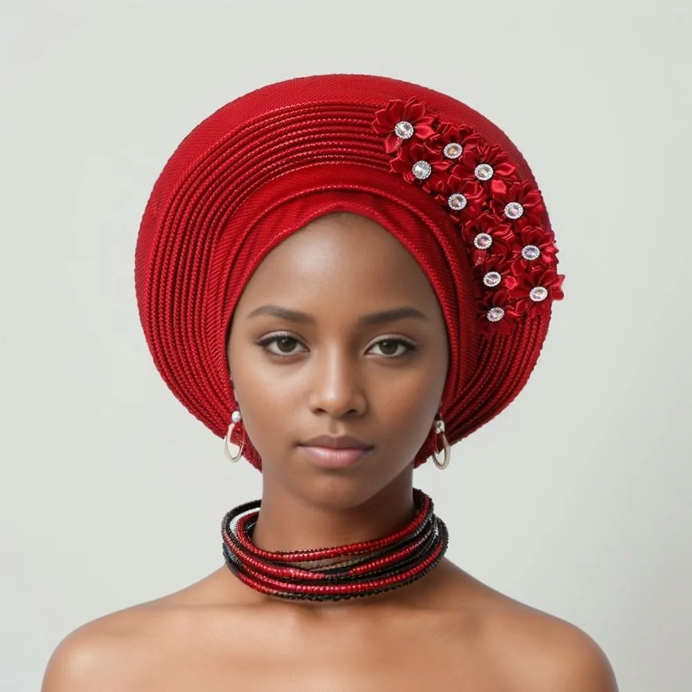 Auto Gele African Head Tie of Nigeria Aso Oke Headwraps Hat Turban Wedding Party Handmade Elegant Hair Wear Cap for Women