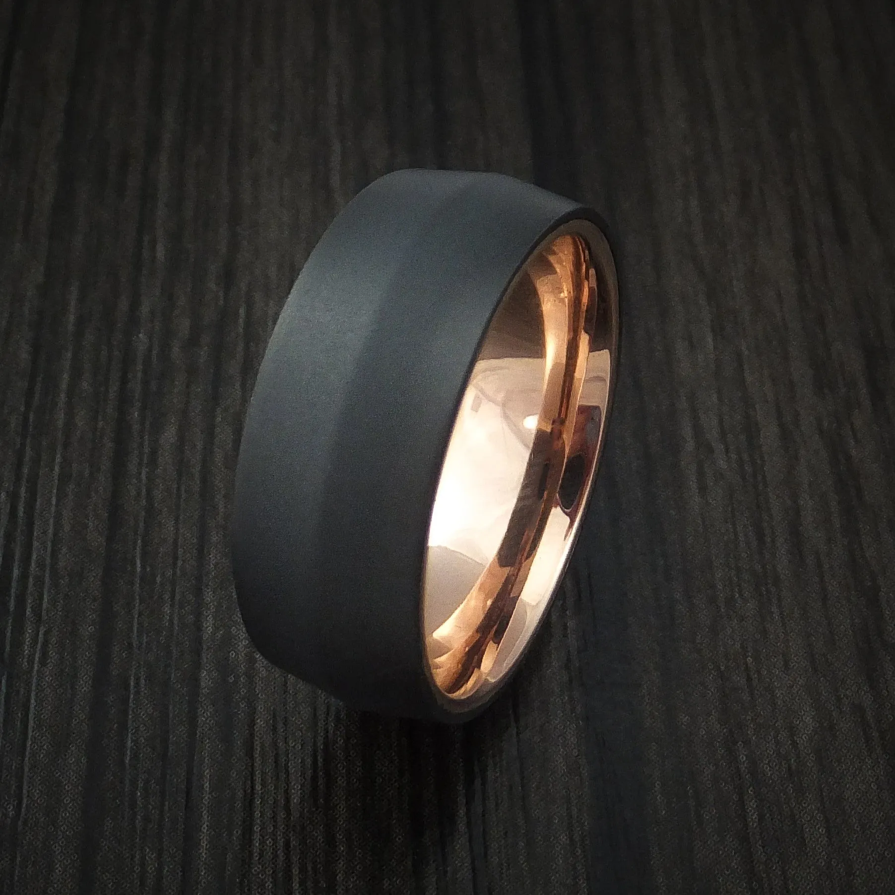 Black Titanium Men's Ring with 14k Rose Gold Sleeve Custom Made Band