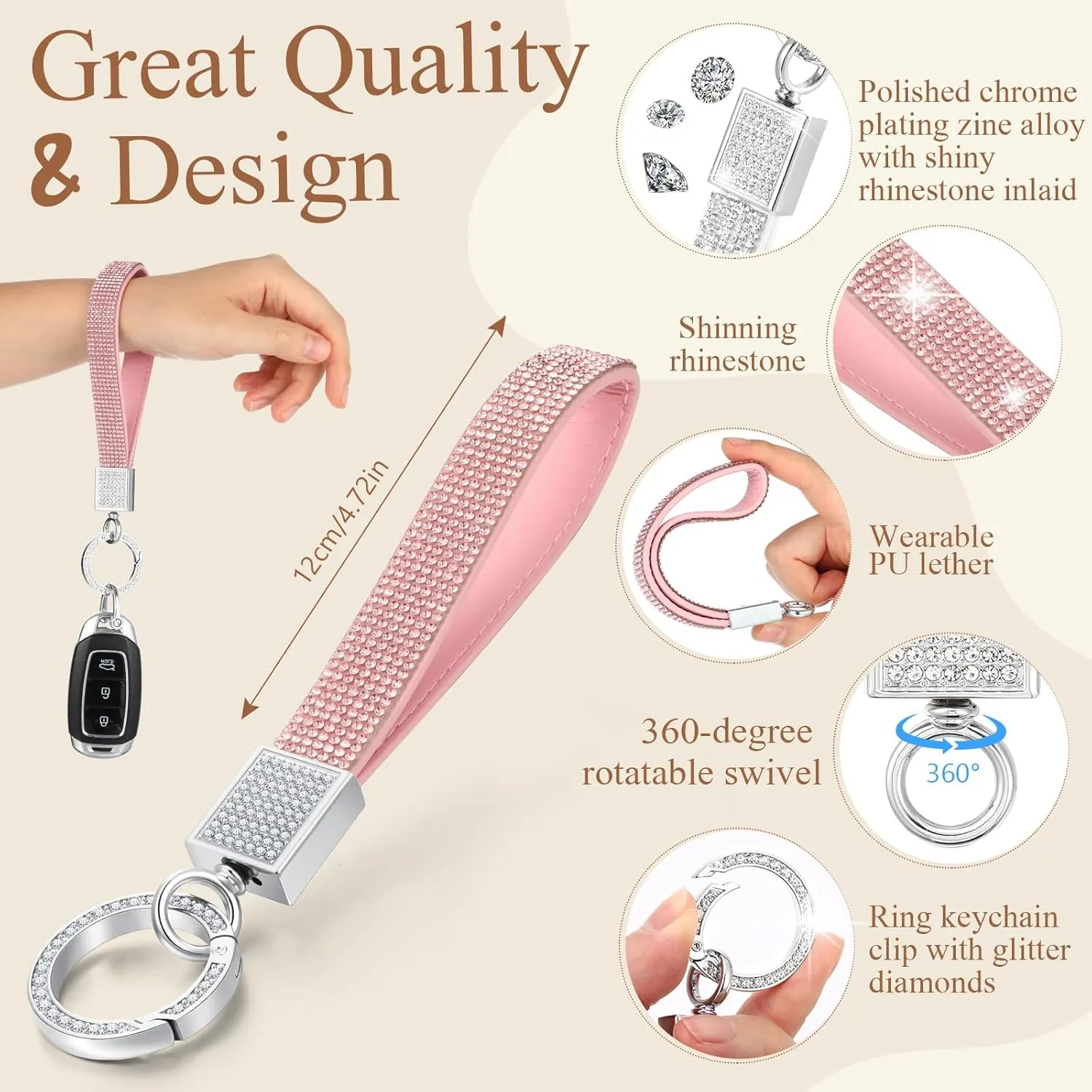 Bling Rhinestone Leather Car Keychain 4.72 Inch Keyholder with Rhinestones Shinning for Women Girls Christmas Gifts