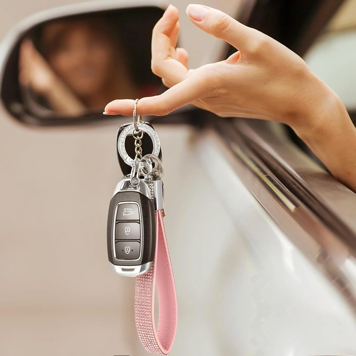 Bling Rhinestone Leather Car Keychain 4.72 Inch Keyholder with Rhinestones Shinning for Women Girls Christmas Gifts