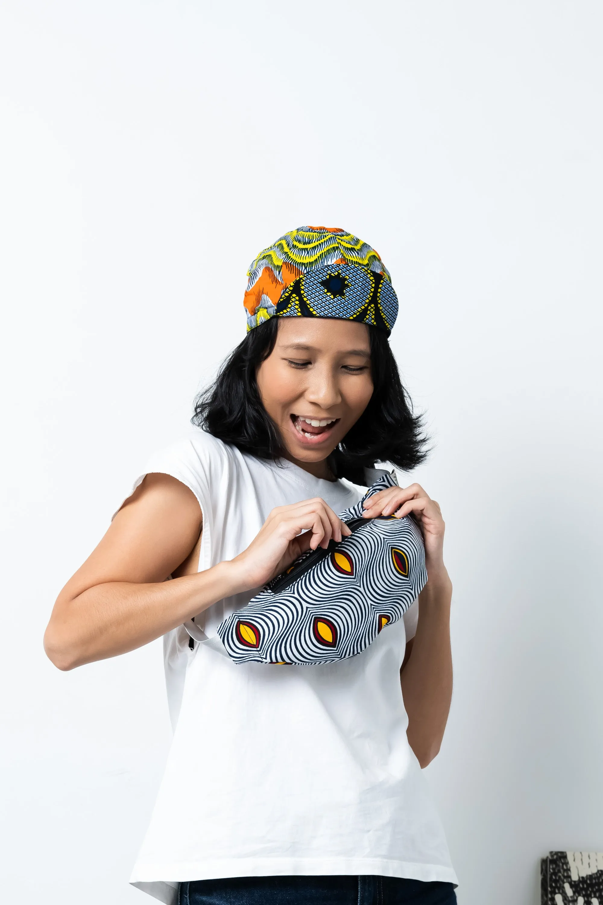 Colorful cycling cap - Blue Orange and Yellow African Ankara Wax Cotton Print - 7