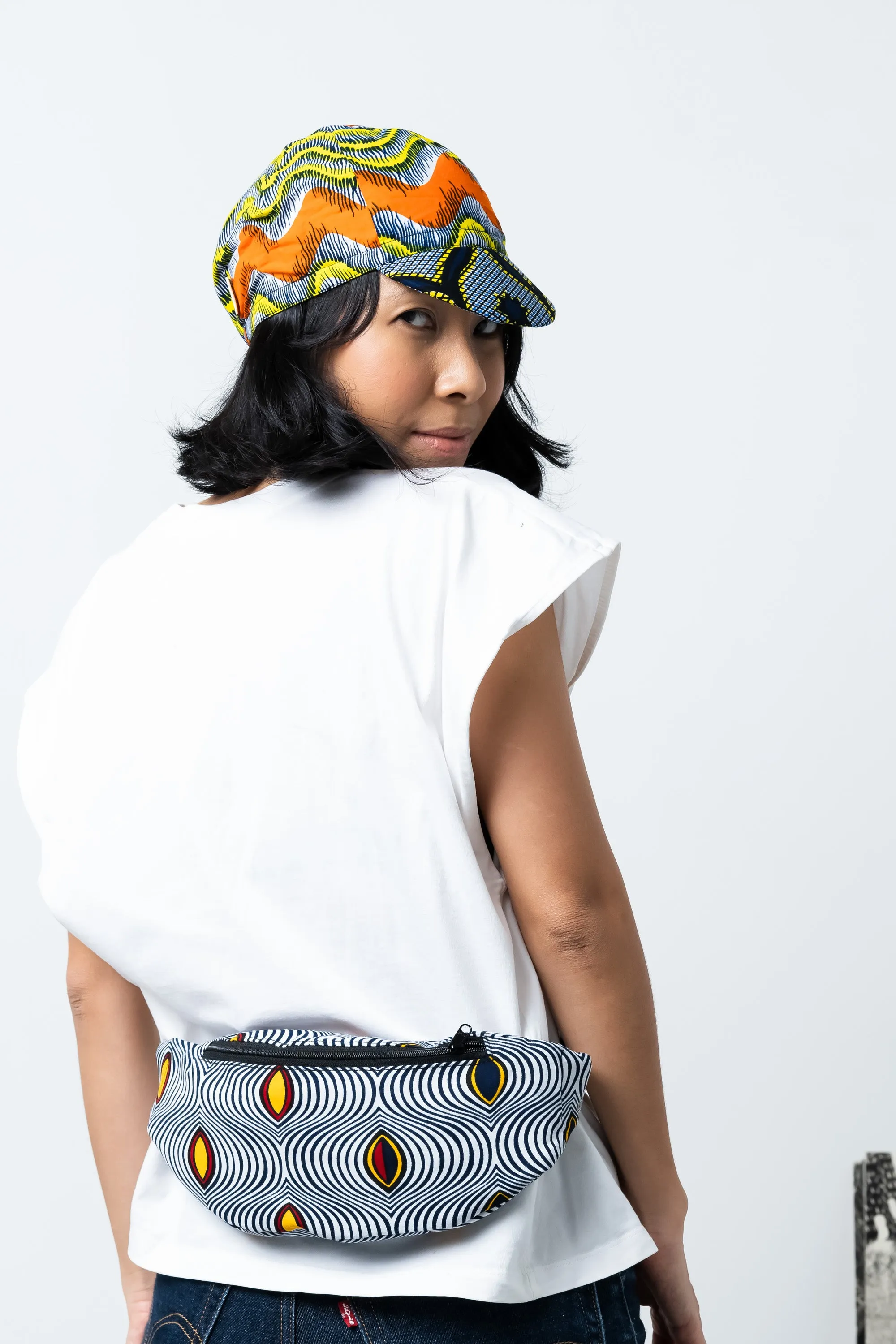 Colorful cycling cap - Blue Orange and Yellow African Ankara Wax Cotton Print - 7