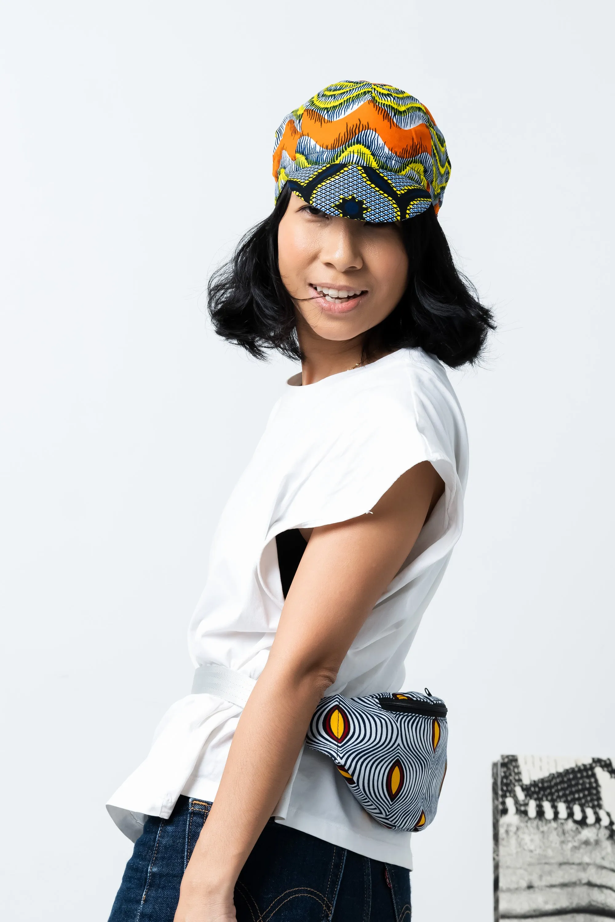 Colorful cycling cap - Blue Orange and Yellow African Ankara Wax Cotton Print - 7