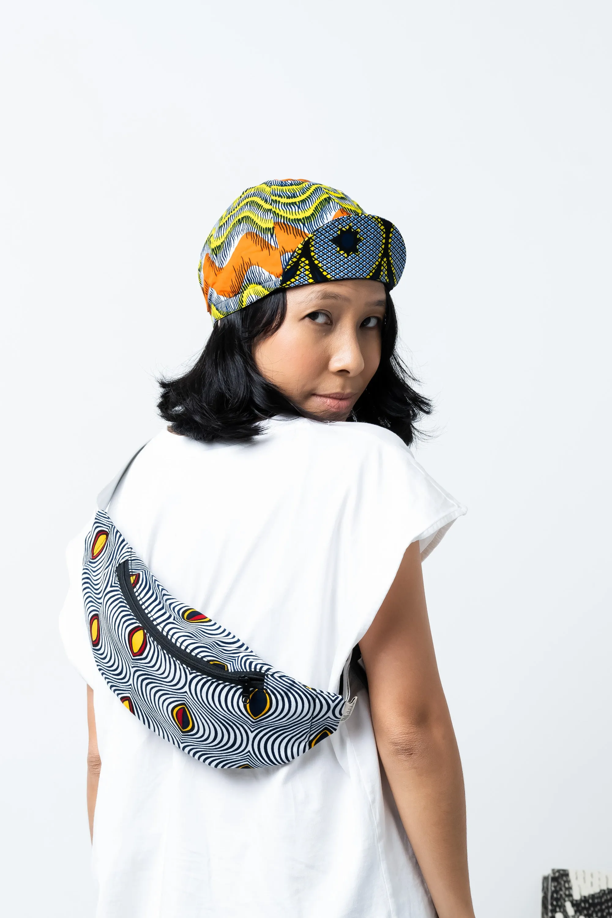 Colorful cycling cap - Blue Orange and Yellow African Ankara Wax Cotton Print - 7