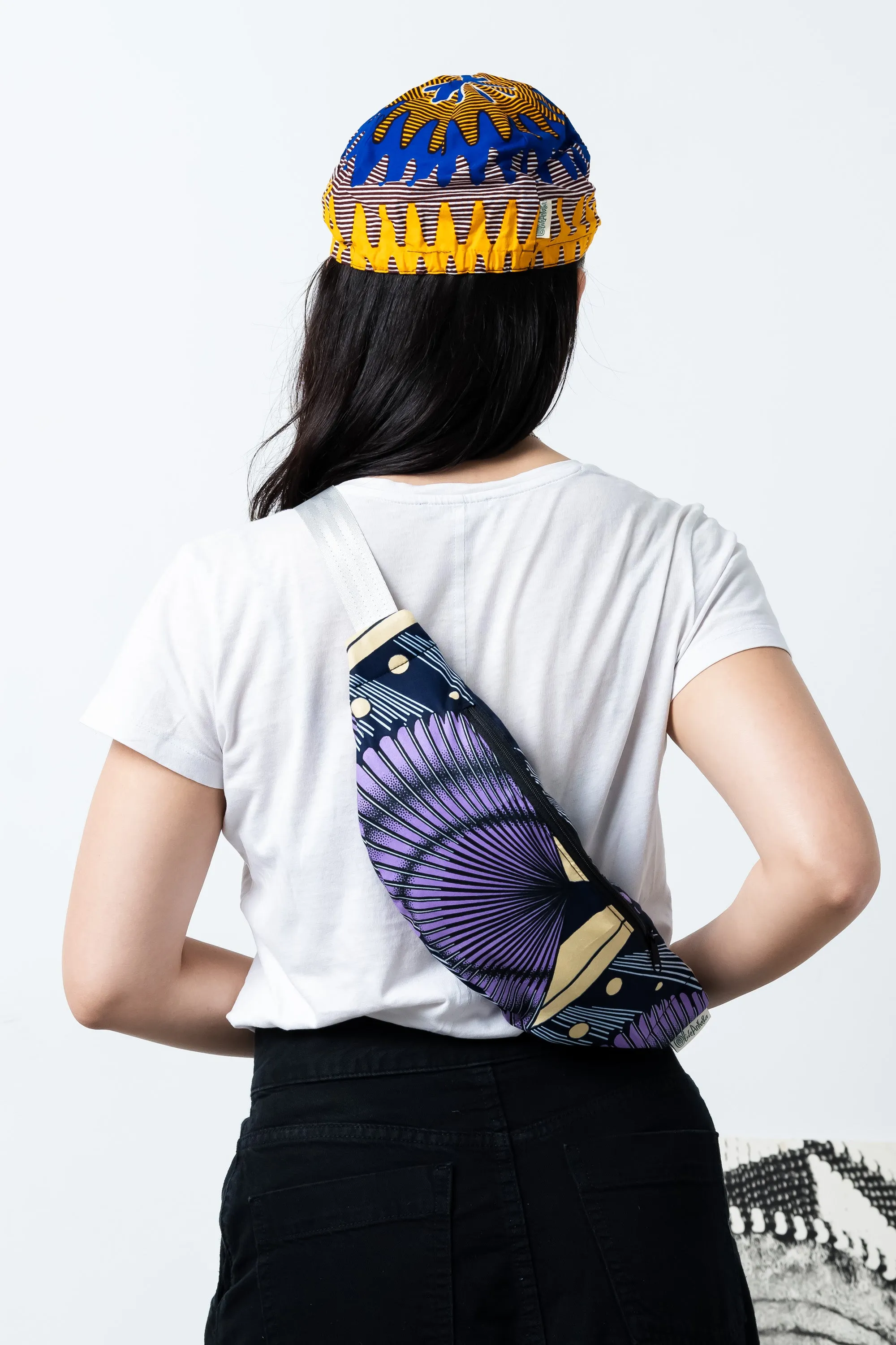 Colorful cycling cap - Blue Purple and Yellow African Ankara Wax Cotton Print - 3