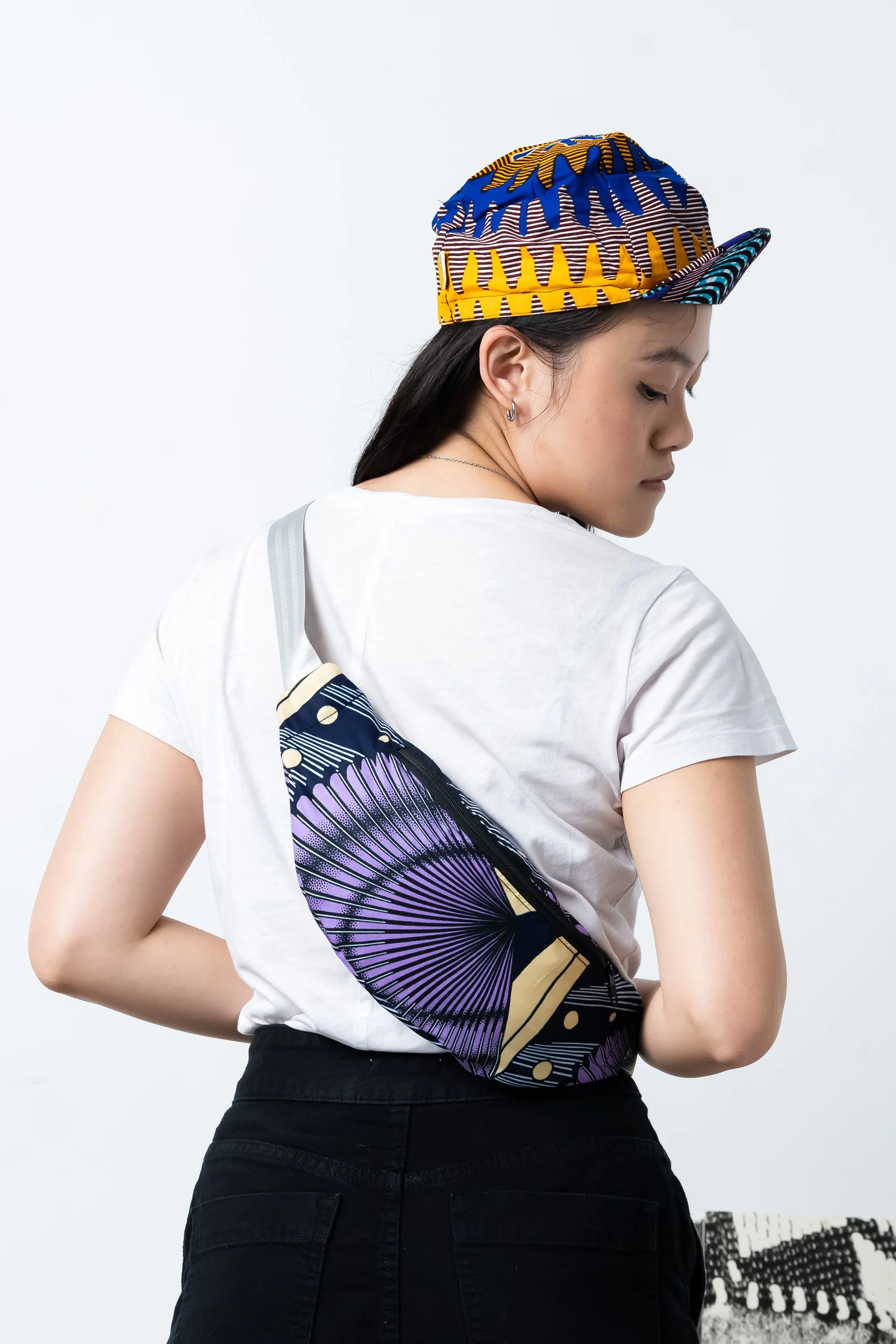 Colorful cycling cap - Blue Purple and Yellow African Ankara Wax Cotton Print - 3