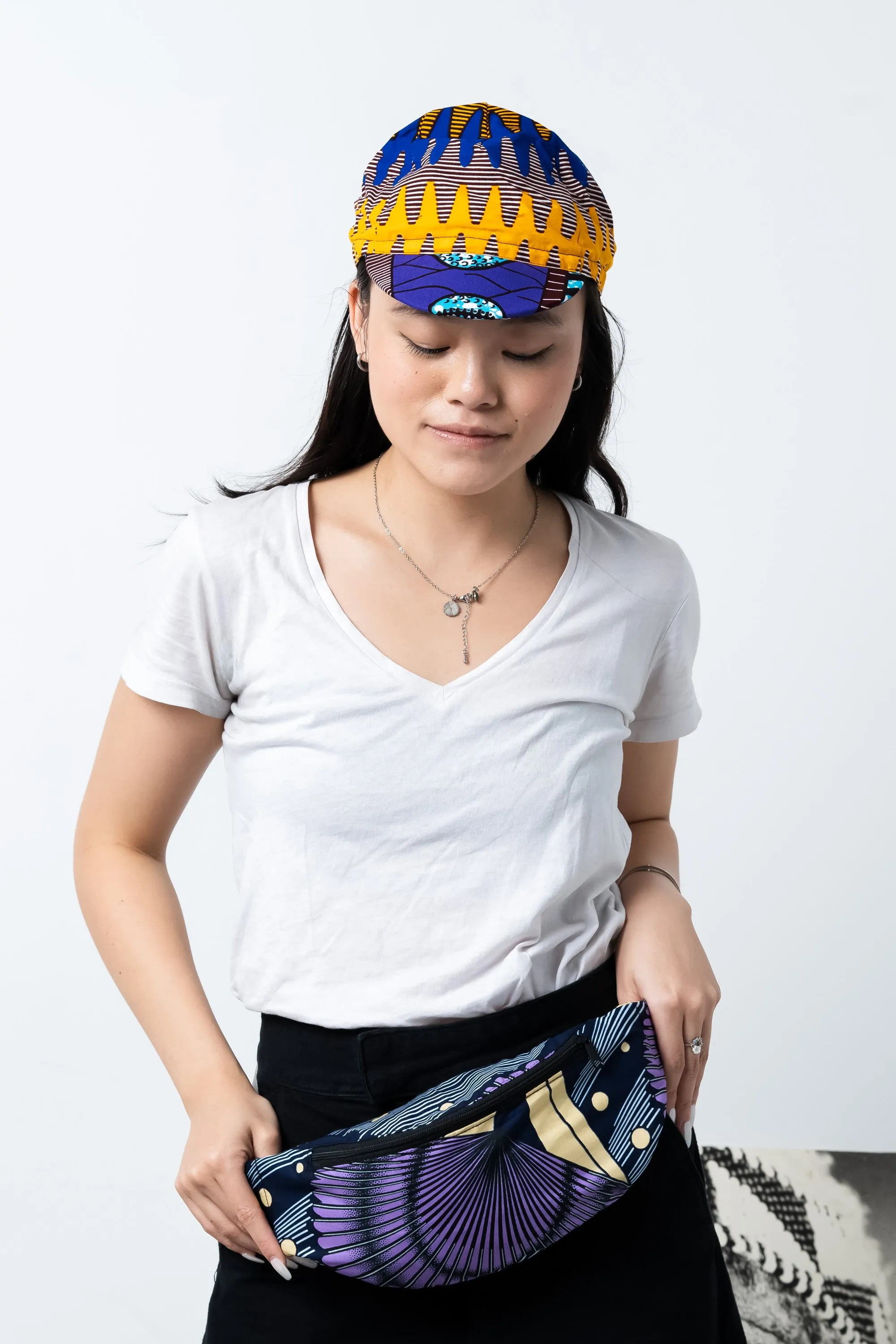 Colorful cycling cap - Blue Purple and Yellow African Ankara Wax Cotton Print - 3