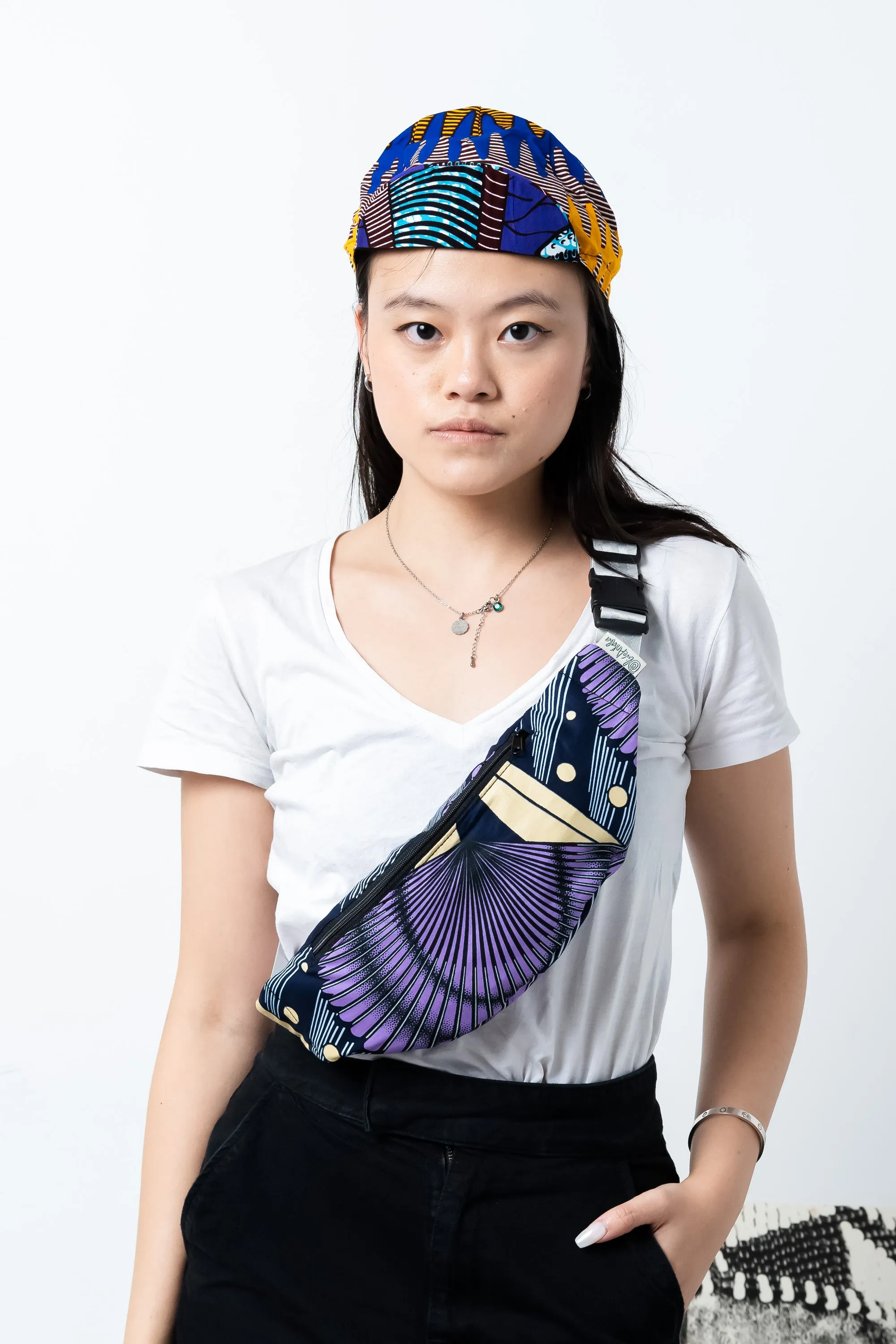 Colorful cycling cap - Blue Purple and Yellow African Ankara Wax Cotton Print - 3