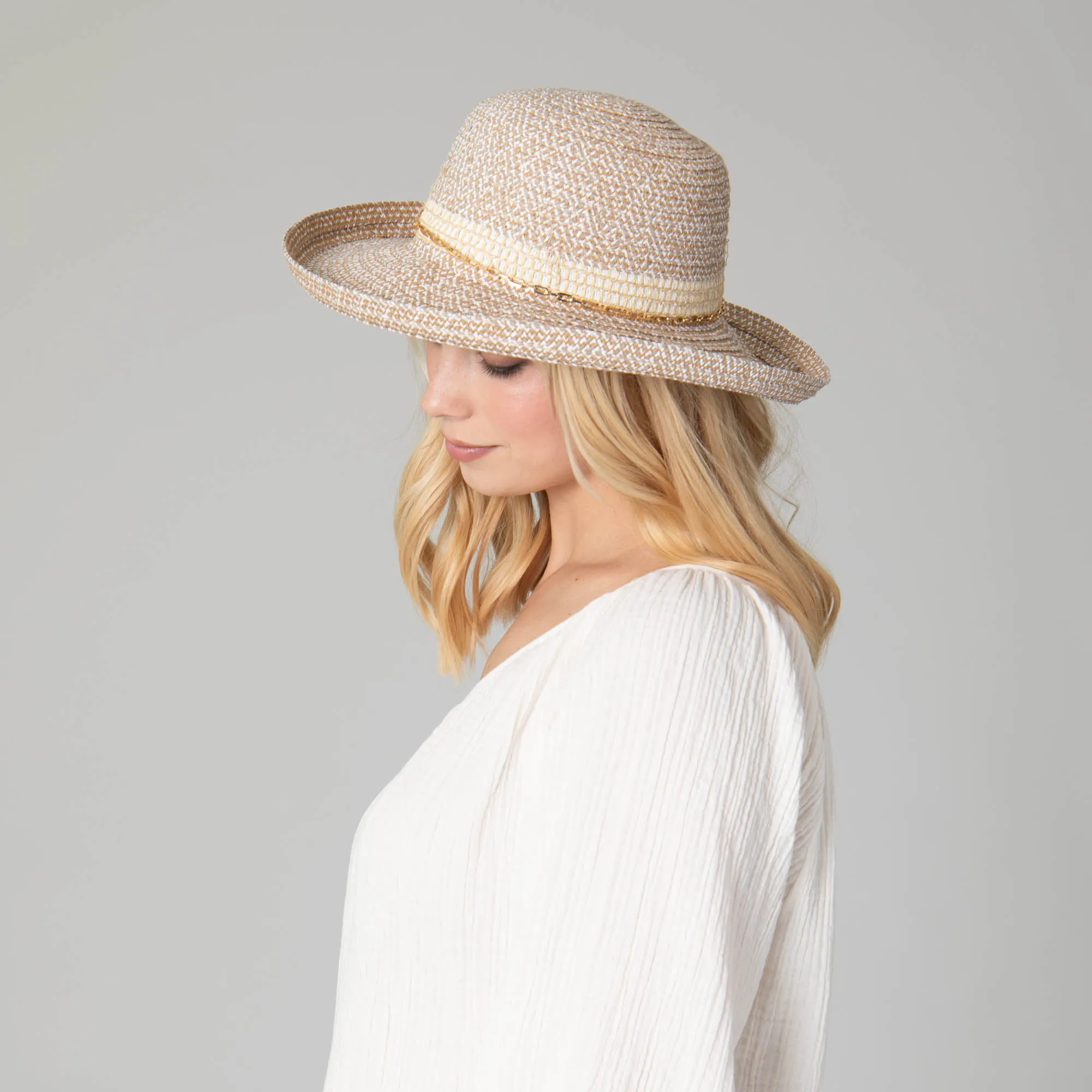 Cora - Women's Ultrabraid Turned Up Kettle Brim with Gold Chain Trim