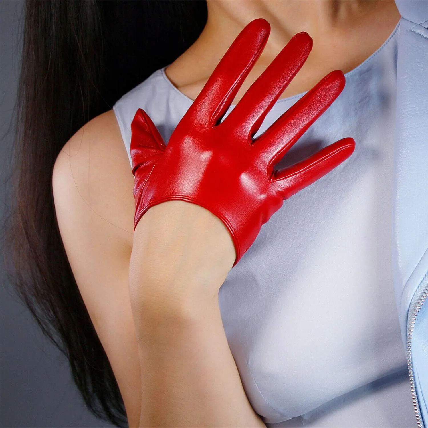 DooWay Fashion Short Leather Gloves for Women Costume Wet Look Faux Patent PU Driving Dress Gloves