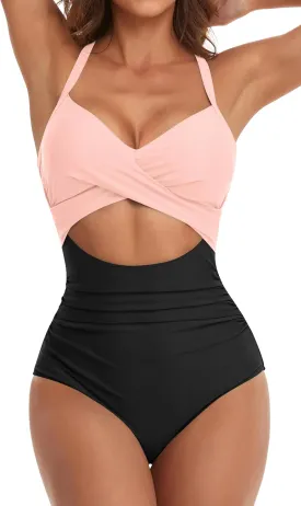 Eomenie Women's One Piece Swimsuits Tummy Control Cutout High Waisted Bathing Suit Wrap Tie Back 1 Piece Swimsuit