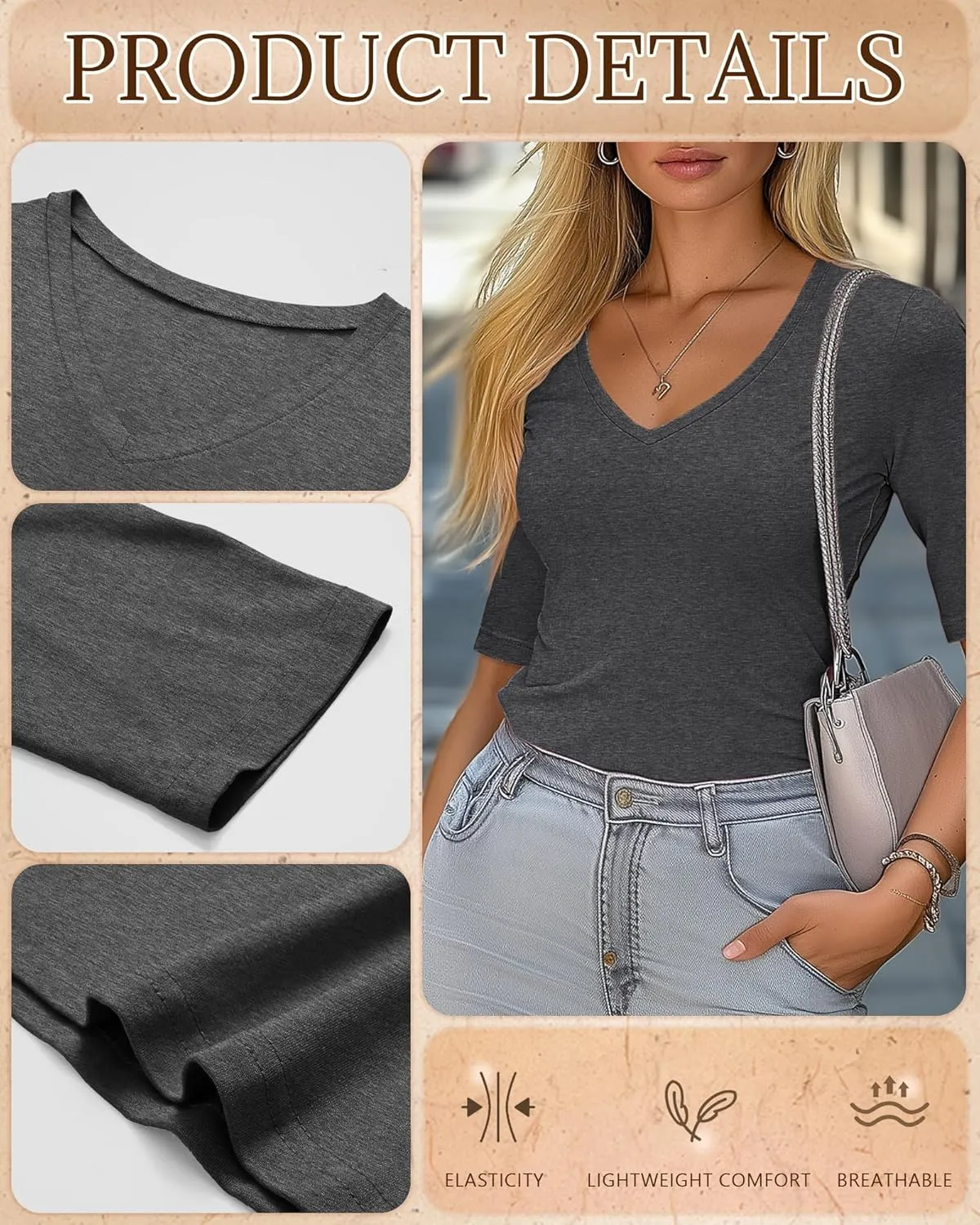 Ficerd 3 Pack Women's Half Sleeve V Neck T Shirts, Cotton Elbow Length Sleeve Shirt Slim Fit Tunic Top Casual Summer Tee