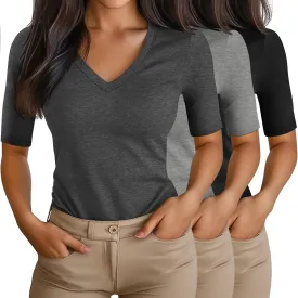 Ficerd 3 Pack Women's Half Sleeve V Neck T Shirts, Cotton Elbow Length Sleeve Shirt Slim Fit Tunic Top Casual Summer Tee