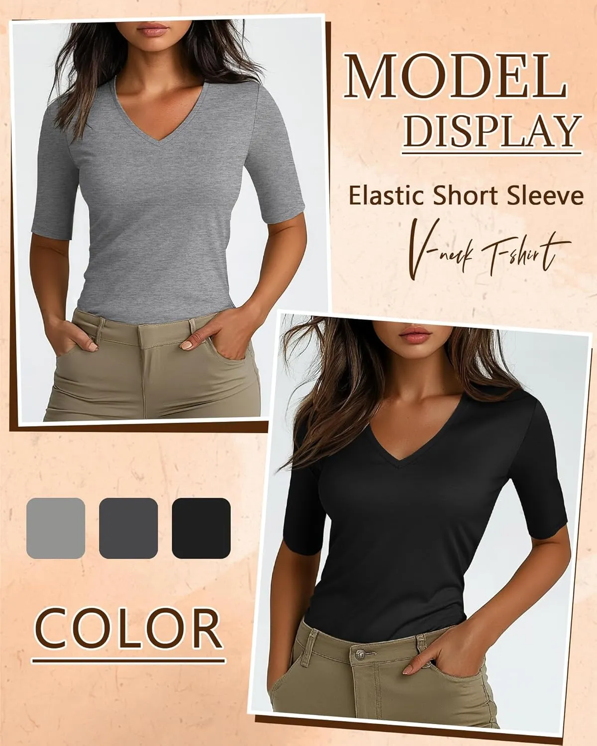 Ficerd 3 Pack Women's Half Sleeve V Neck T Shirts, Cotton Elbow Length Sleeve Shirt Slim Fit Tunic Top Casual Summer Tee