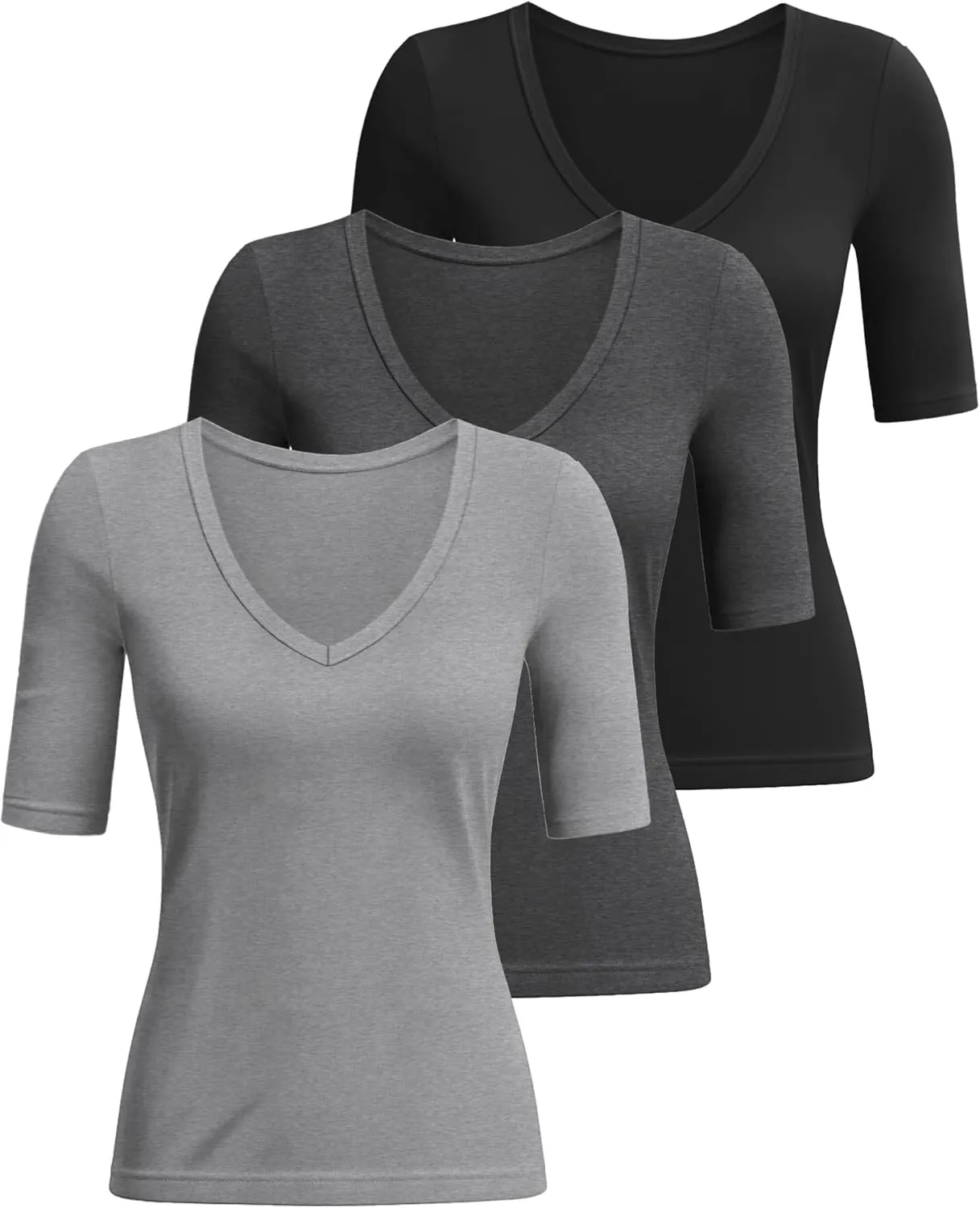 Ficerd 3 Pack Women's Half Sleeve V Neck T Shirts, Cotton Elbow Length Sleeve Shirt Slim Fit Tunic Top Casual Summer Tee