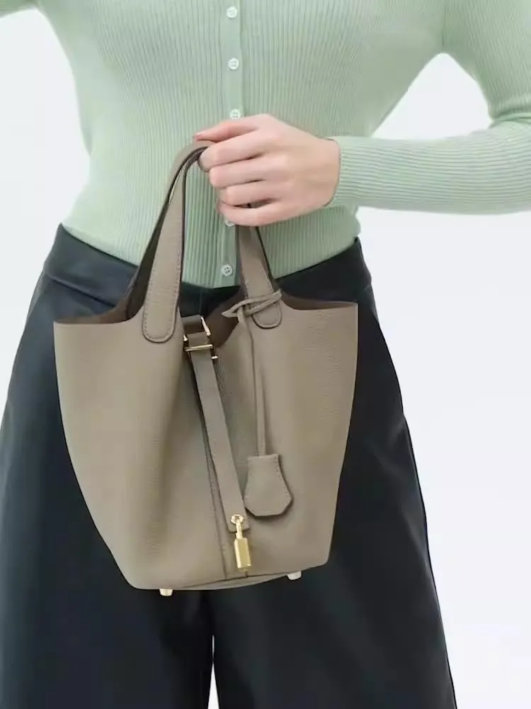Genuine Leather Bucket Bag for Women - Textured Drawstring Closure Tote in Elegant Simplicity Gift
