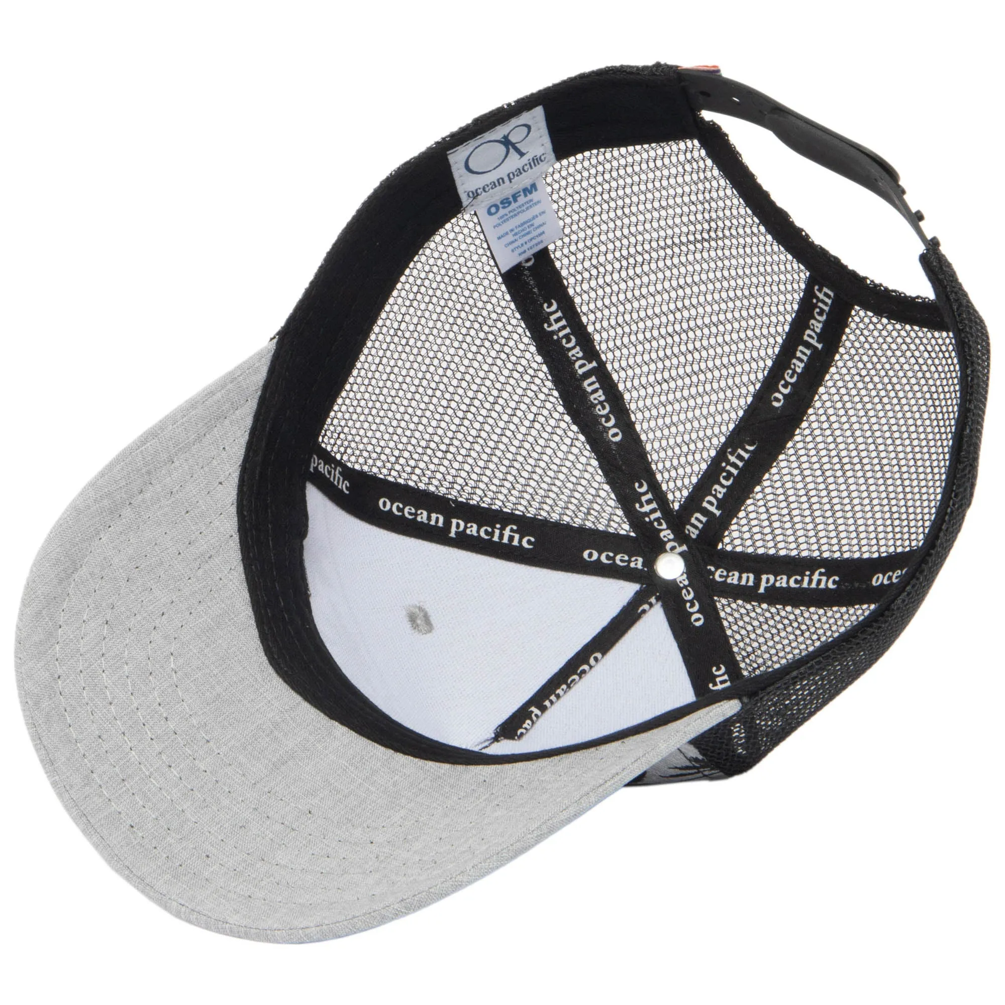 Ocean Pacific - 5 Panel Trucker Hat with Grey Palm Leaf Print