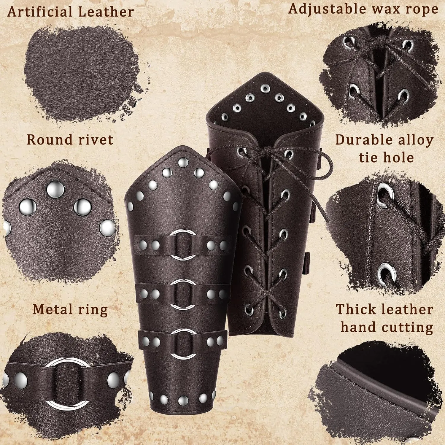 Patelai 1 Pair Faux Leather Arm Guards Arm Bracers Leather Gauntlet Medieval Viking Cosplay Accessories for Men Women