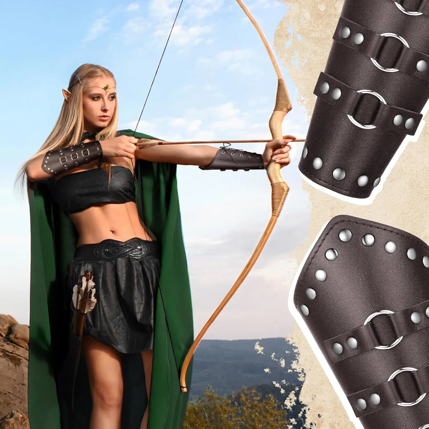 Patelai 1 Pair Faux Leather Arm Guards Arm Bracers Leather Gauntlet Medieval Viking Cosplay Accessories for Men Women