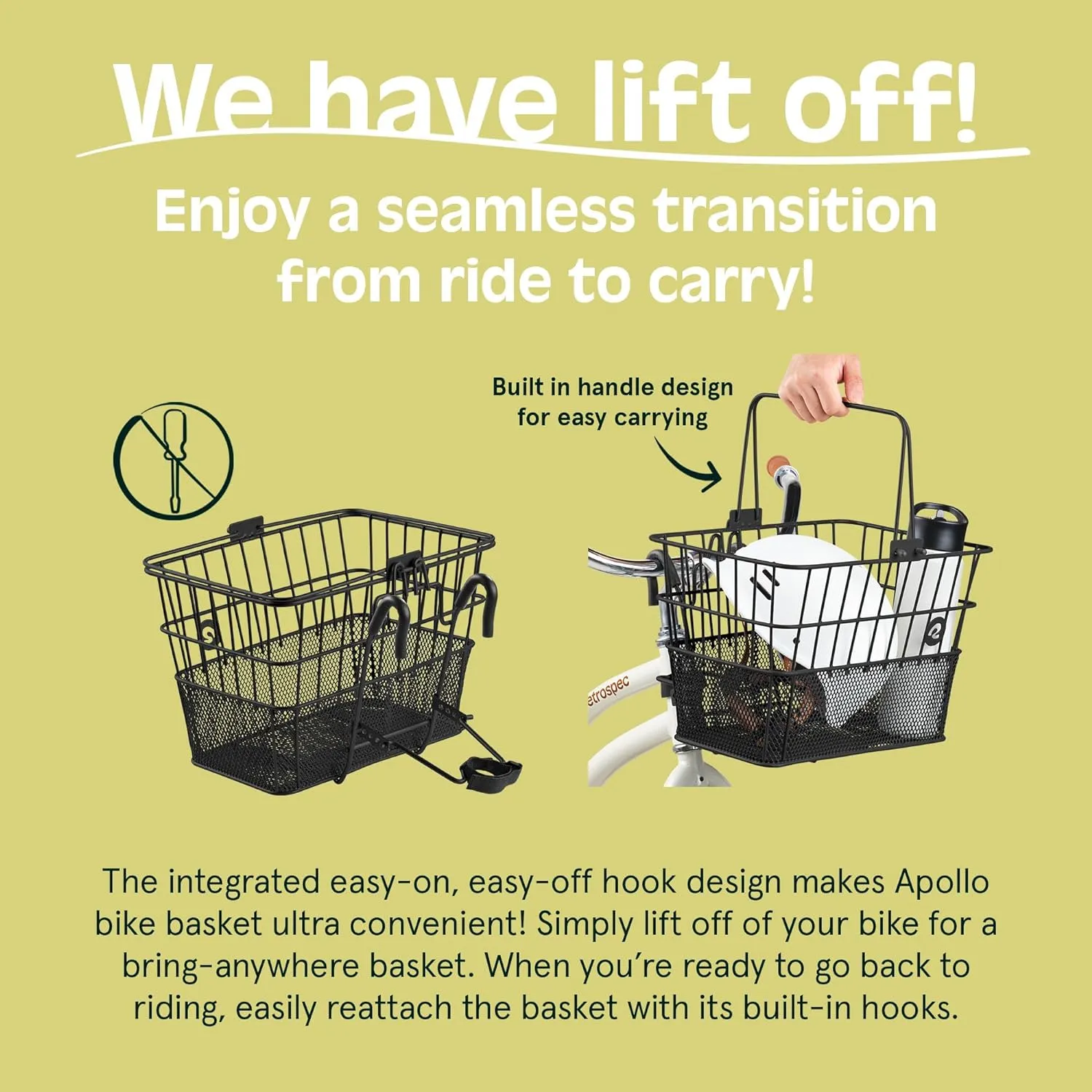 Retrospec Apollo Detachable Front Bike Basket Steel Half-Mesh with Integrated Detachable Hooks and Built-In Handle, Easy Assembly and Portability for Bicycles